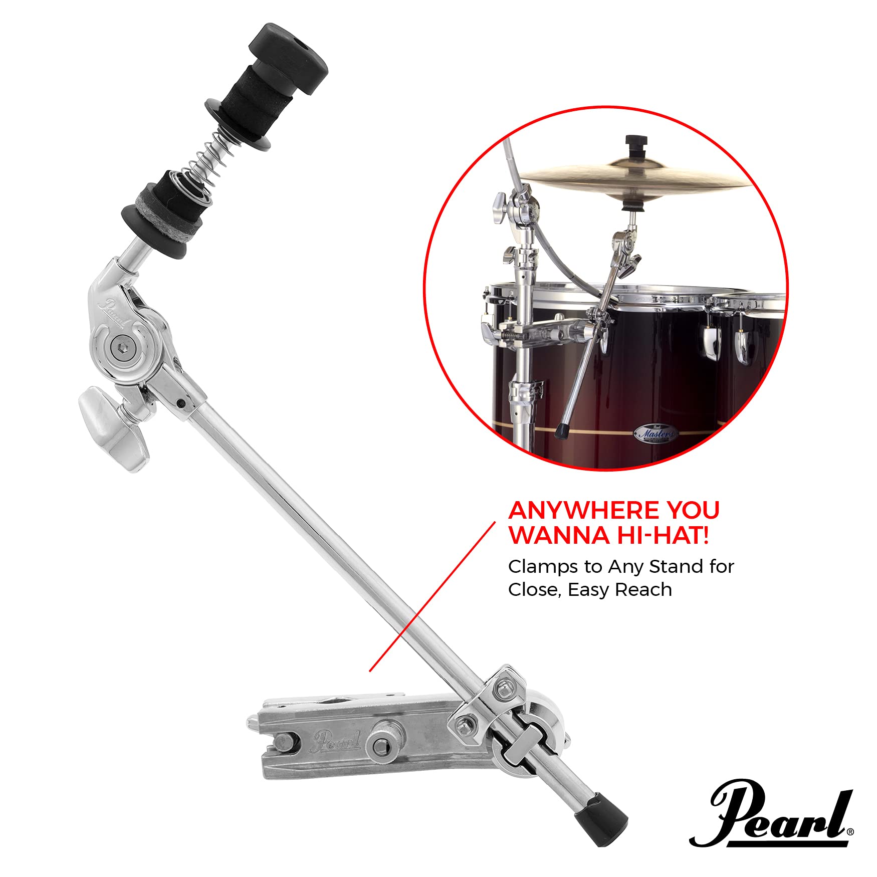 Pearl Clh70 Closed Hi Hat Holder With 15'' Solid Boom Arm, Multi Angle Mounting Clamp, Unilock Gearless Cymbal Tilter, And Sprin