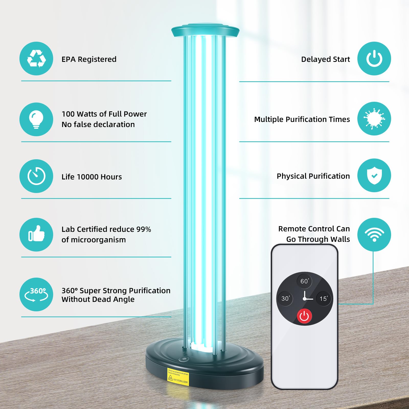 Jtapure Ultraviolet Lamp, 100W Ozone Free Uv Light Purifier For Large Room, With Three Step Timing Remote Control, Blue Light, P