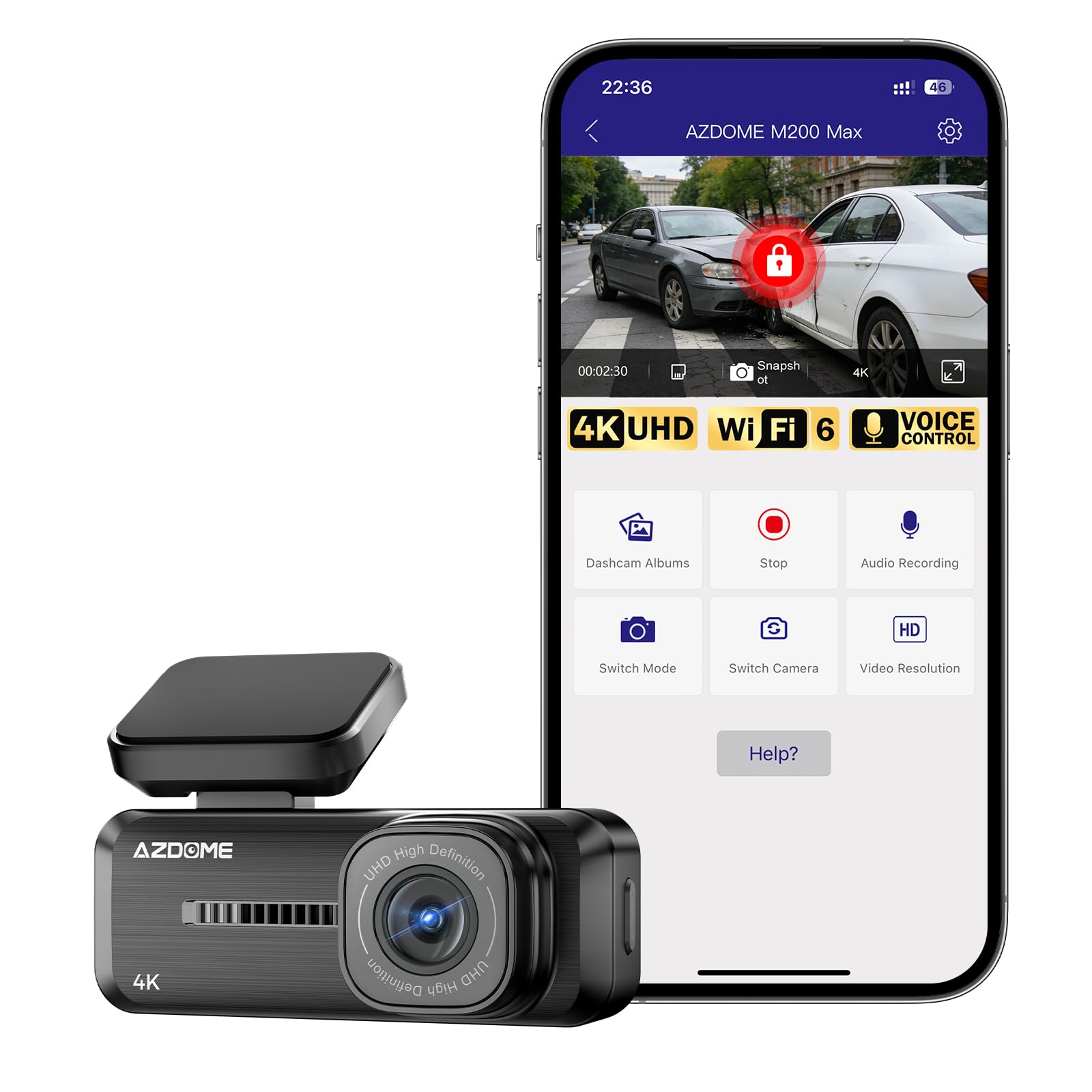 AZDOME 4K Dash Cam Front, Voice Control Dash Camera for Cars, WiFi 6 Mini Dashcam with APP Live Chat Support, Car Camera, Loop R