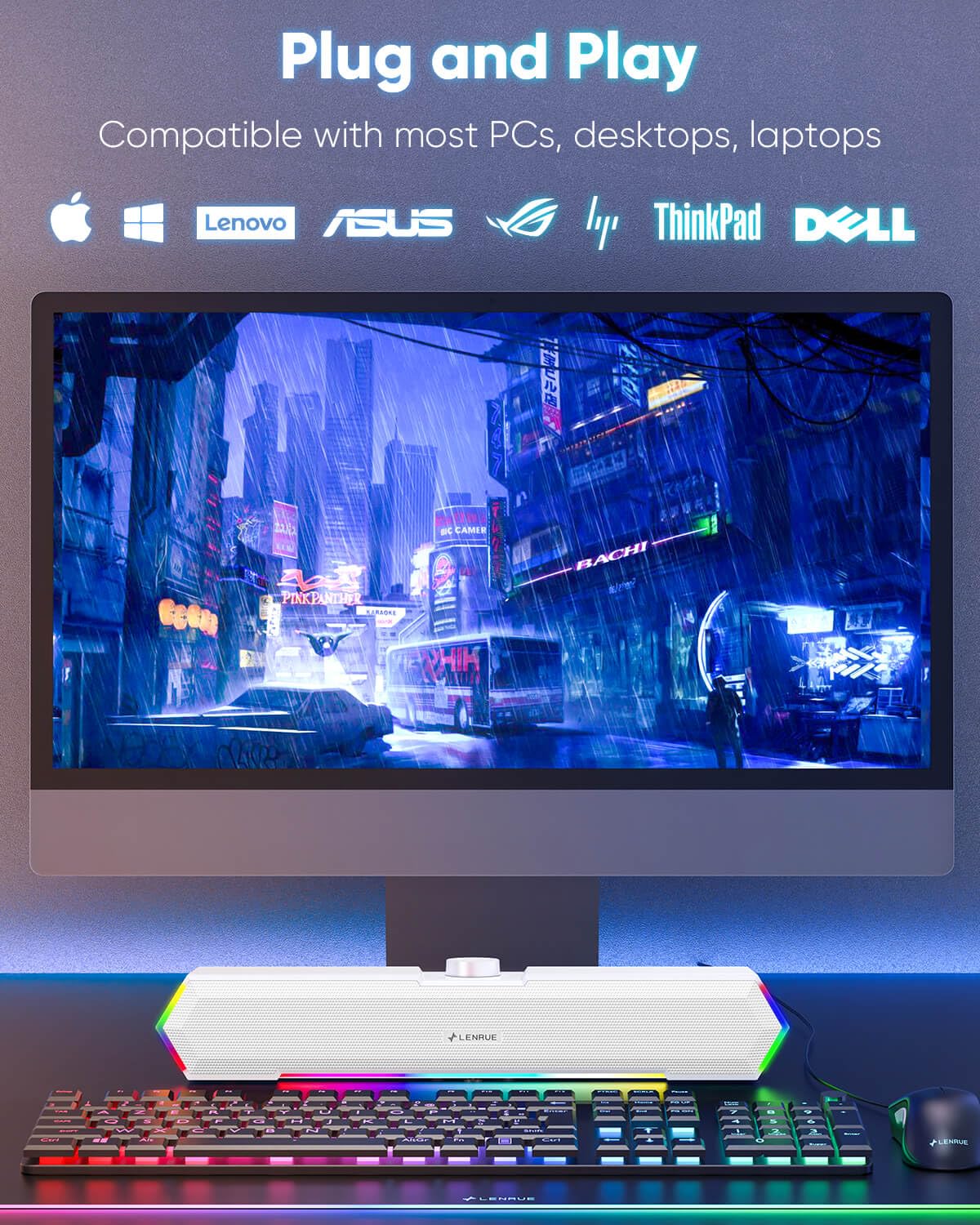 Lenrue G11 Computer Speakers For Desktop, Touch Lights Pc Speakers With Surge Clear Sound, Usb C/Usb Powered For Computer Desktop Pc Laptop Monitor (White)