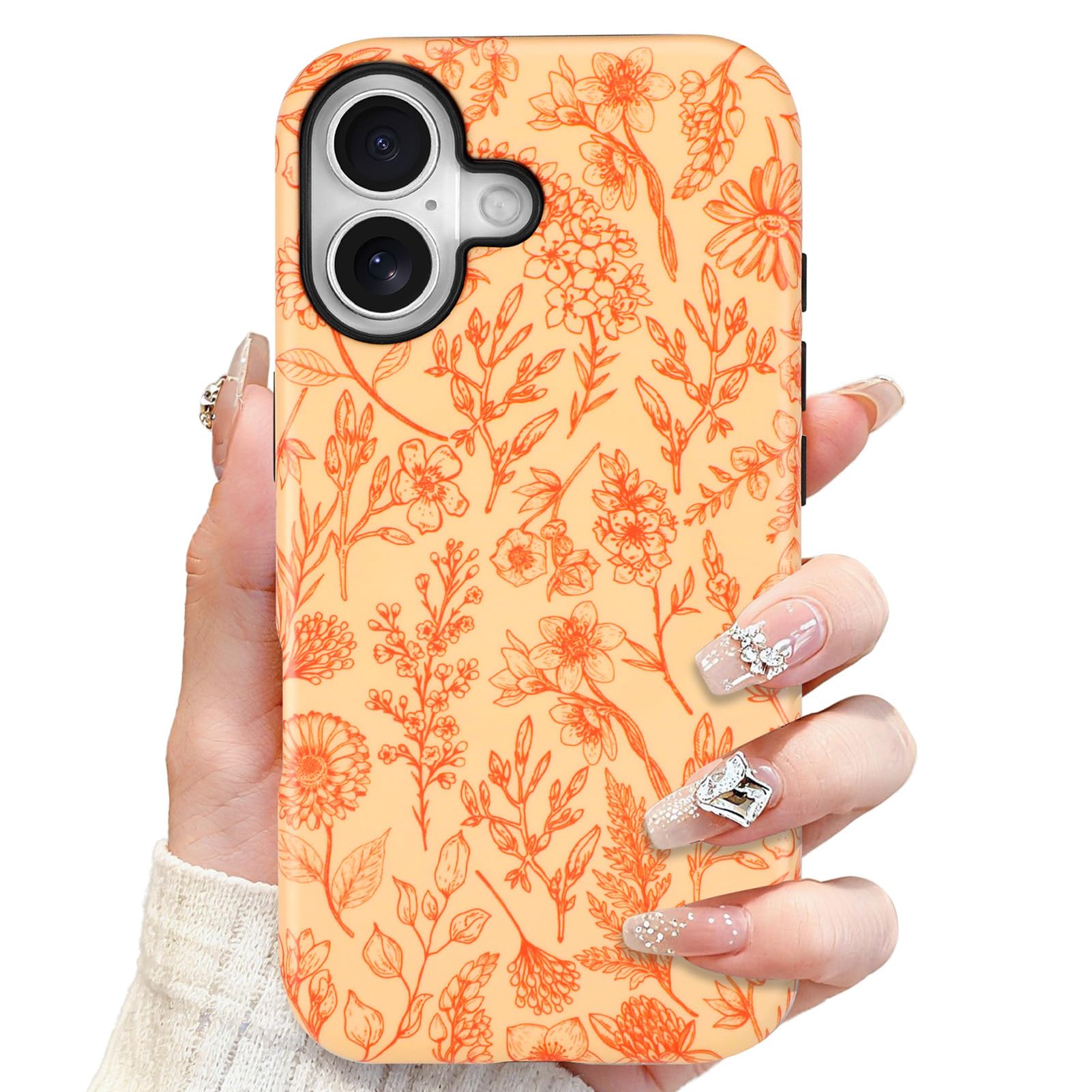 SOKAD Magnetic Sage Floral Phone Case for iPhone 17, Vintage Orange Flower Pattern Compatible with Magsafe Matte Protective Case