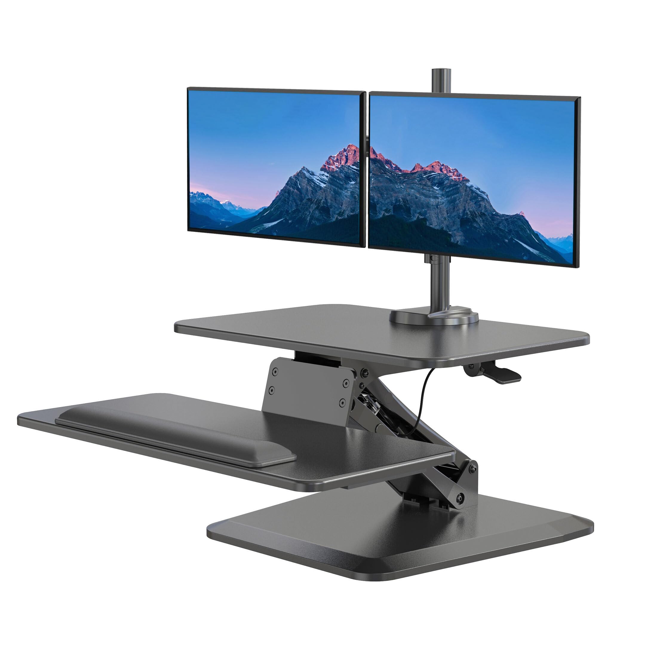 Mount It! Standing Desk Converter, Stand Up Desk Riser with Dual Monitor Mount, Adjustable Workstation in Black, Top Platform 23' Wide, Keyboard Mouse Tray 27' Wide, Raises 5' to 17' Tall