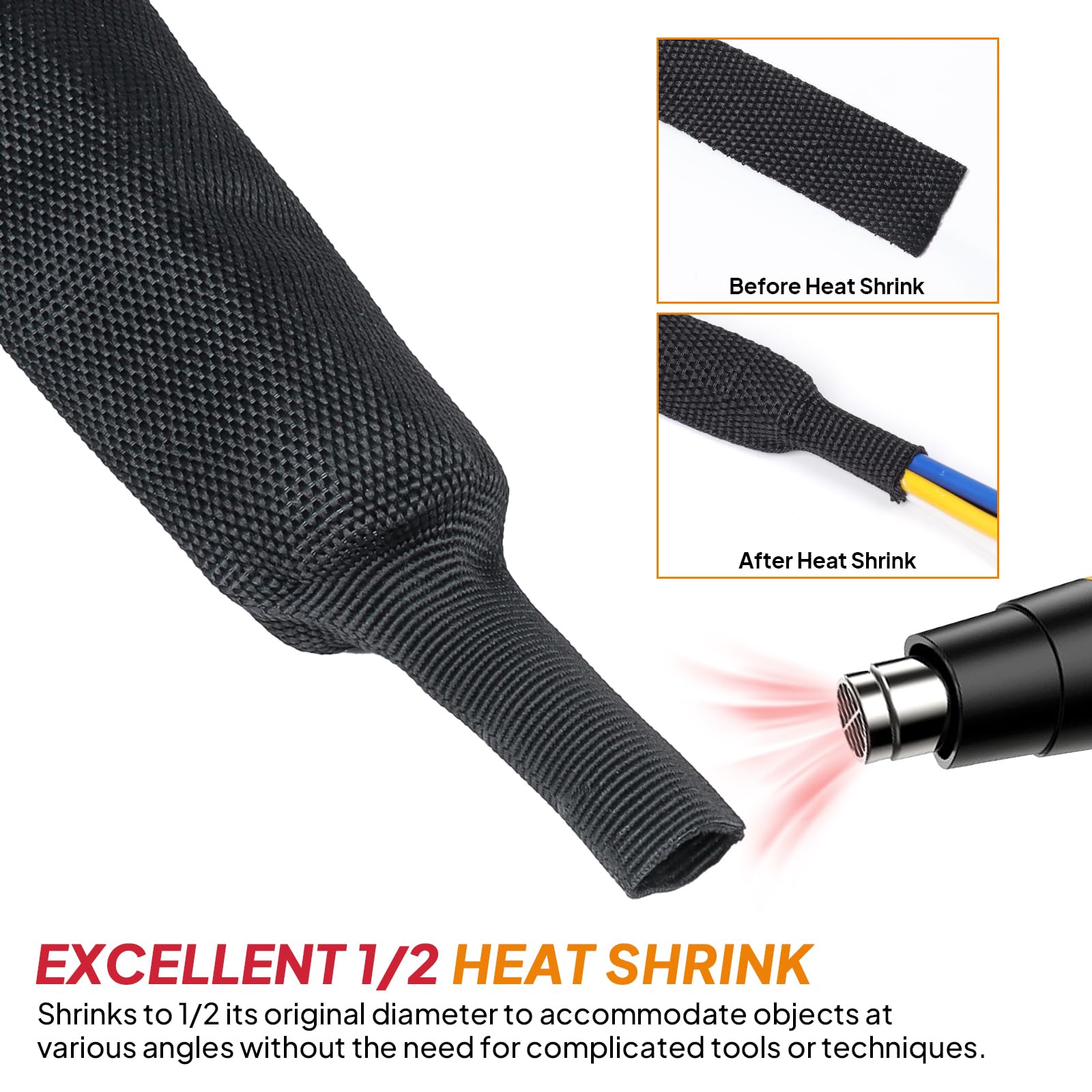 Black 2:1 Ratio Automotive Heat Shrink Braided Sleeving,Wear Resistant Flat Woven Shrinkable Sleeve Fabric Car Cable Wires Hoses