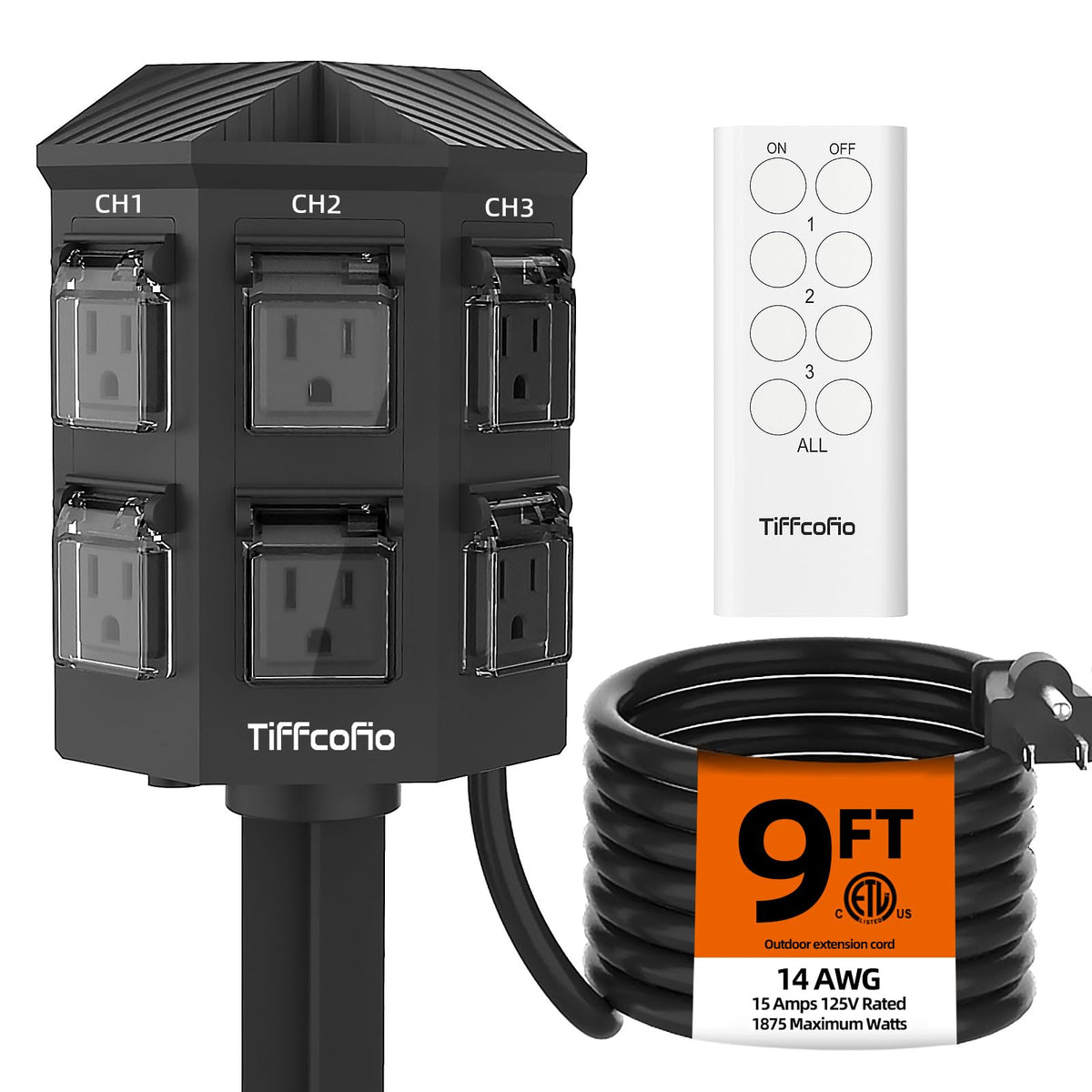 Tiffcofio Outdoor Remote Control Power Strip, 9Ft Extension Cord Waterproof, Independent Control Outlets, 6 Grounded Outlets For