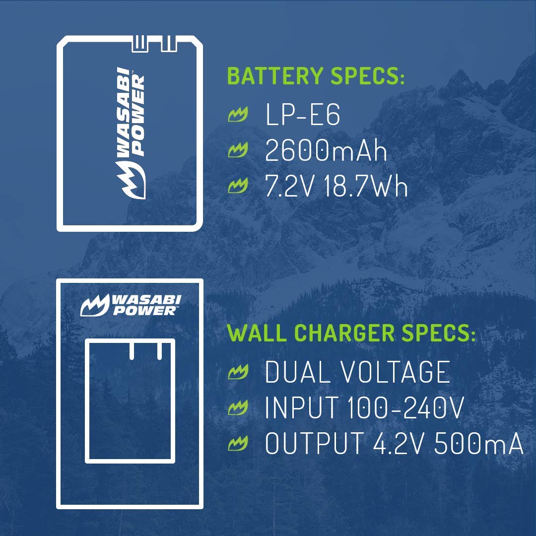 Wasabi Power LP E6, LP E6N Battery (2 Pack) and Charger for Canon EOS 5D Mark II/III/IV, 5DS, 5DS R, 6D, 6D Mark II, 7D, 7D Mark II, 60D, 70D, 80D, 90D, R, R5, R6, Ra, XC10, XC15, BMPCC 4K, BMPCC 6K