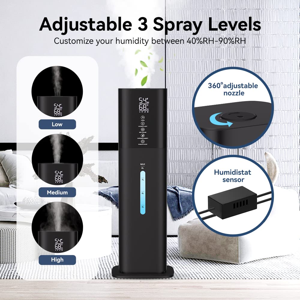 Humidifiers Large Room Bedroom With 7 Colors Light, 2.1Gal(8L) 3 Speed Quiet Ultrasonic Cool Mist Humidifier With 360 Nozzle, Hu