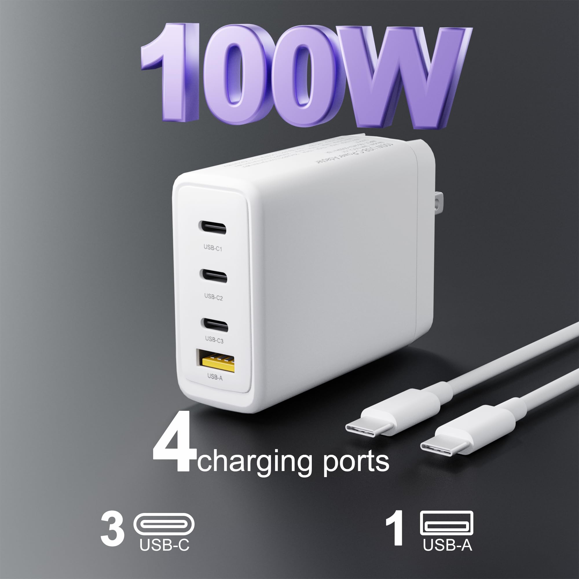 Gan 100W Usb C Laptop Charger   Fit For Hp, Lenovo, Asus, Samsung, Macbook Pro, Air, Ipad Pro, Acer, Lg, Razer, Dell Laptop, 4 P