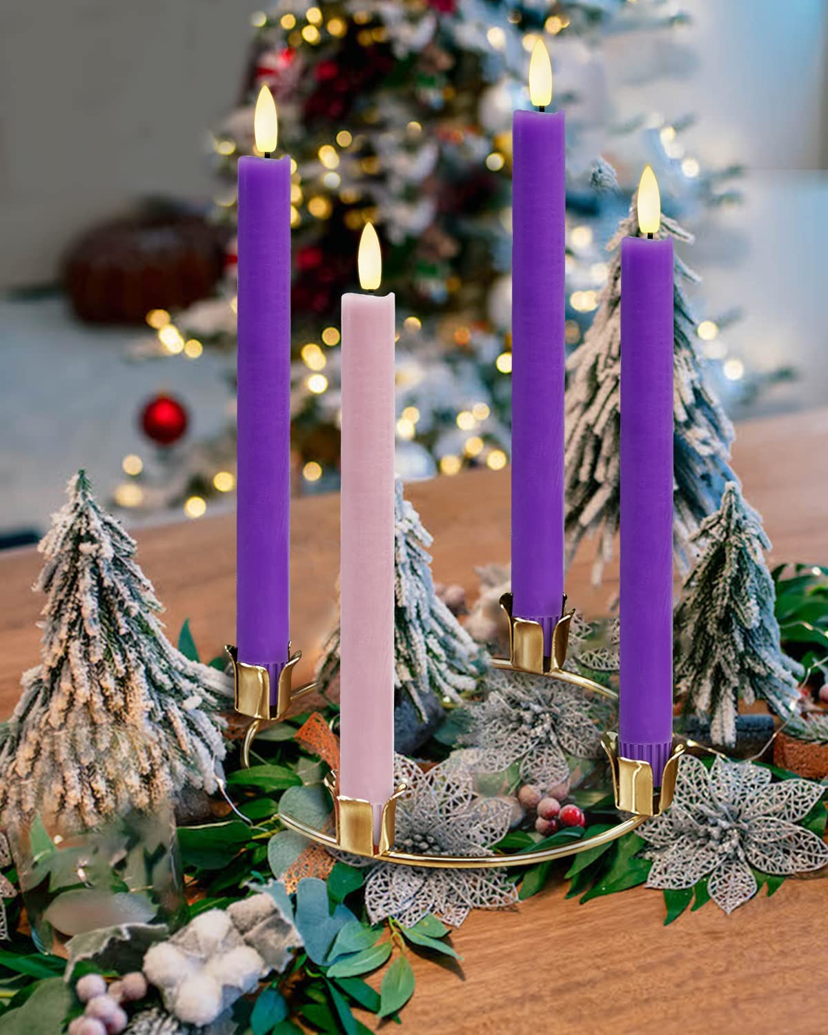 SHYMERY Flameless Advent Candles,Real Wax Battery Operated Electric LED Taper Candles with Remote Timer, Set of 4 Purple & Pink 