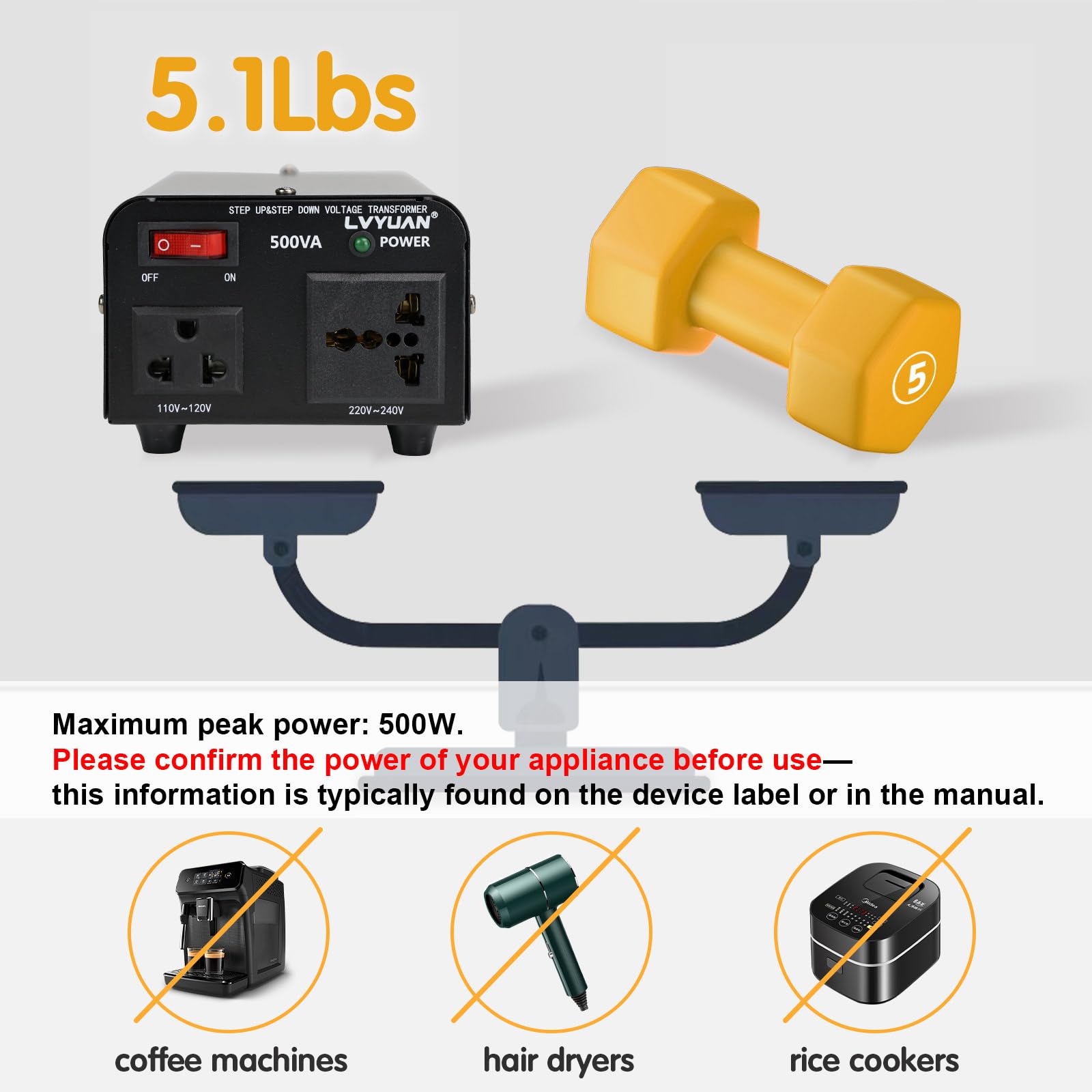 Yinleader 500W Voltage Transformer Power Converter(110V To 220V, 220V To 110V) Step Up/Down Converter 110/120 Volt - 220/240 Vol