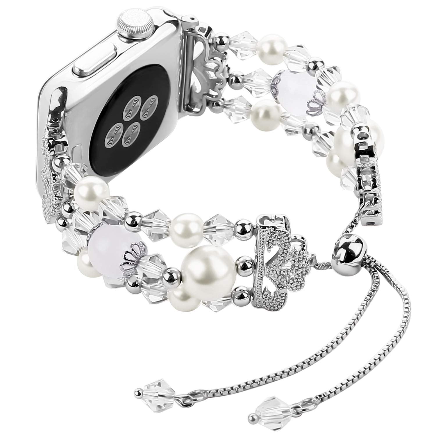 Fohuas Compatible For Apple Watch Band Women 38Mm 40Mm 41Mm, Adjustable Crystal Beaded Pearl Bling Iwatch Bracelet Bangle Clear
