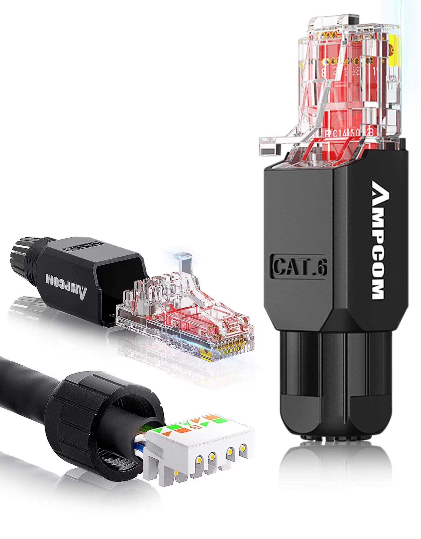 Ampcom Cat6 Tool Free Rj45 Connector Utp Field Termination Modular Plug For 23 26 Awg Unshielded Ethernet Cable (Black, 6 Pack)
