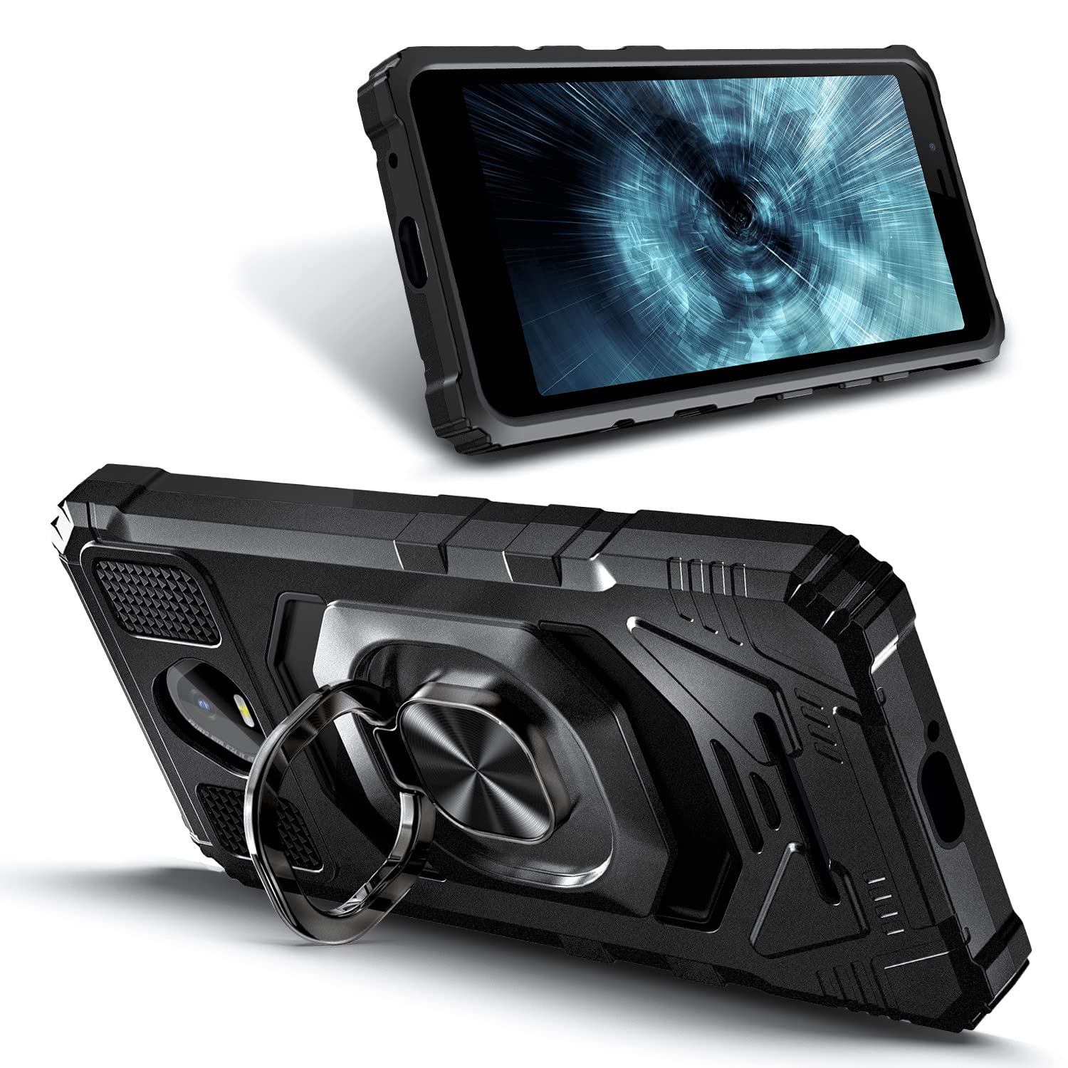 WDHD Full-Body Protective Phone Case for Schok Volt SV55 with Tempered Glass, Military-Grade, Magnetic Ring Holder, Black