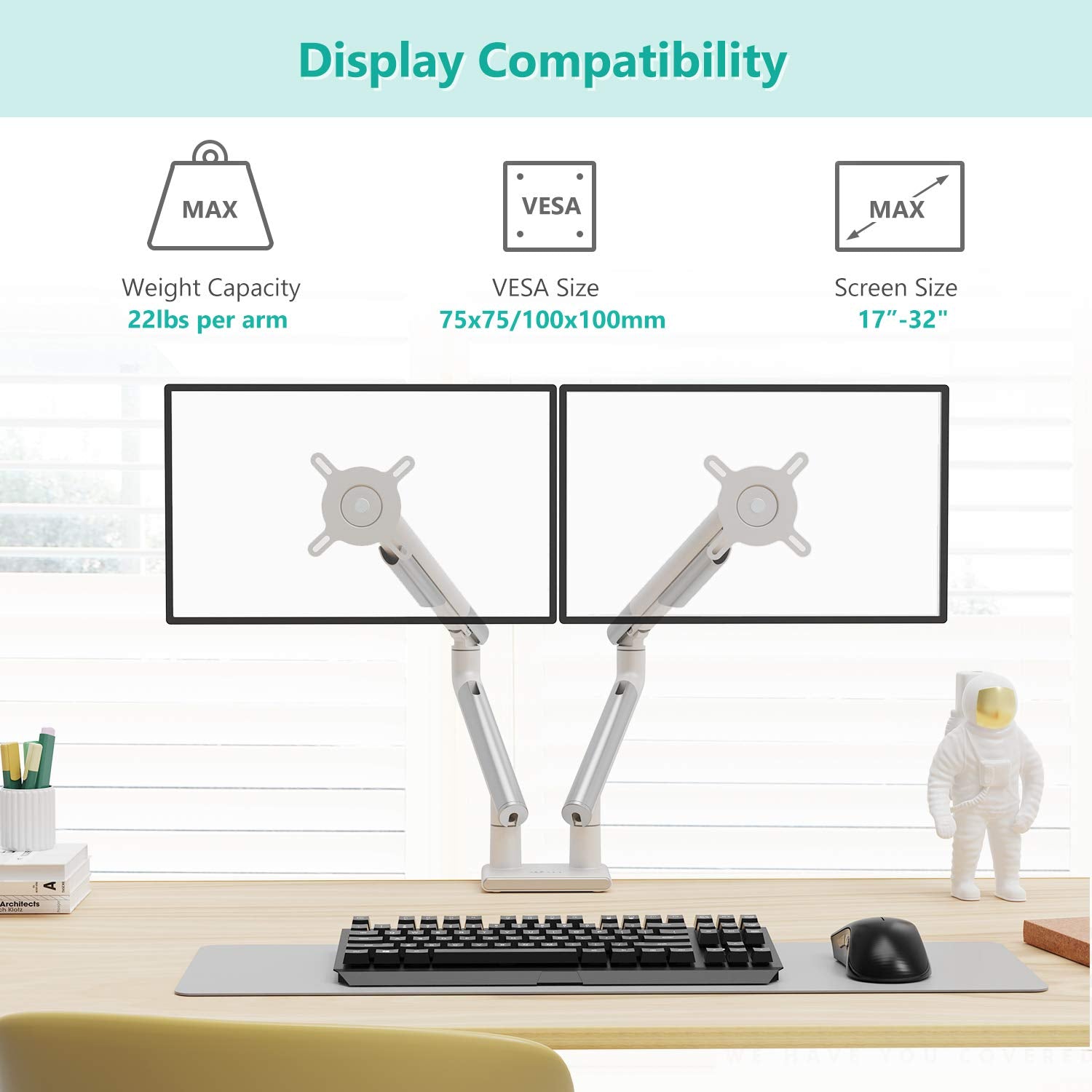 Wali Dual Monitor Stand White Arms Mounts, For 2 Monitors, Mechanical Spring Tension Indicator Fully Adjustable Bracket, Up To 3