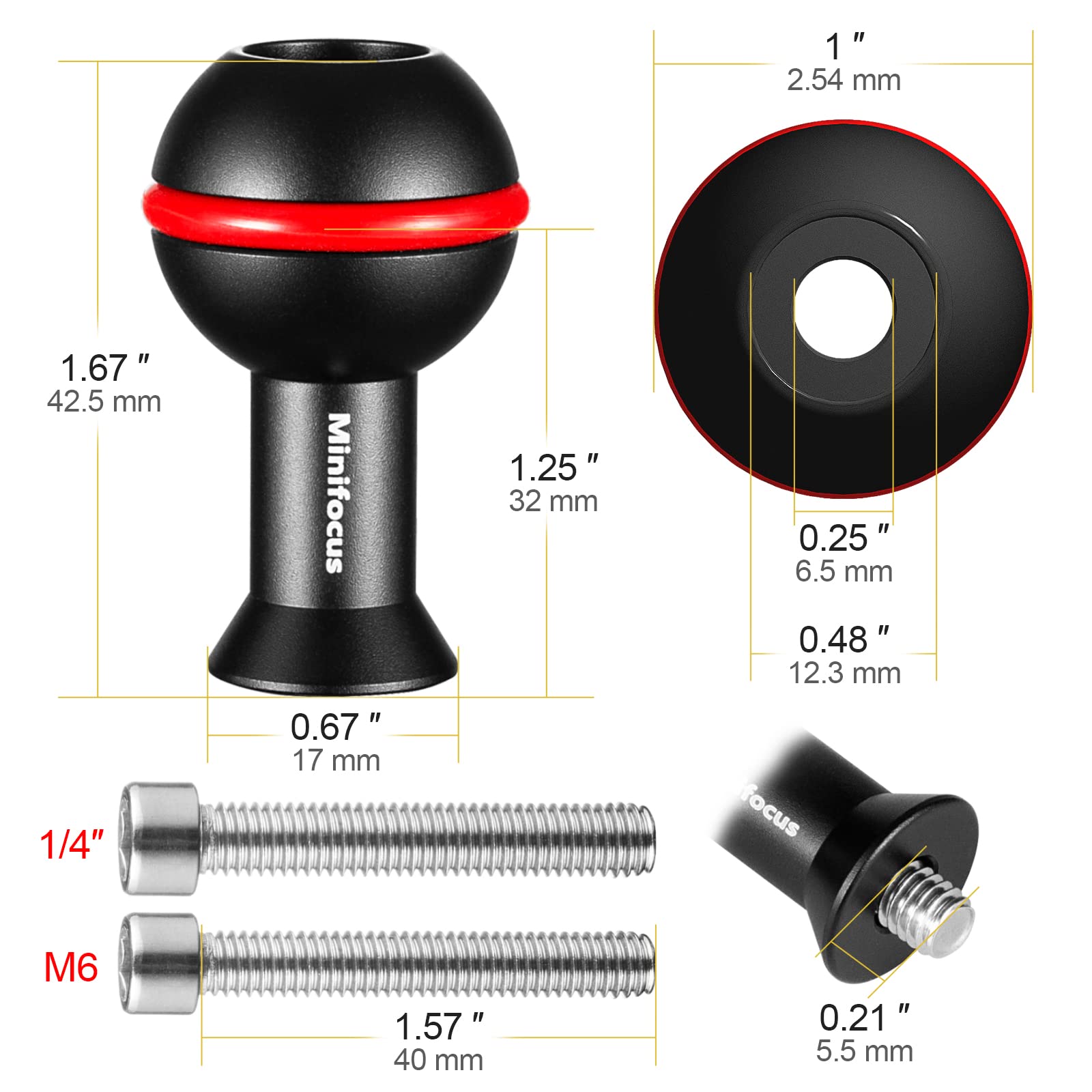Minifocus 1'' Ball Adapter With M6 & 1/4'' Threaded Stud, Aluminum Alloy Fixed Ballhead Mount Adapter For Action Camera & Camcor