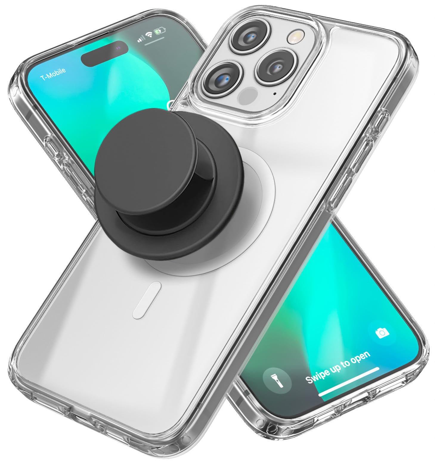 ENCASED Clear Case for iPhone 15 Pro Max with Removable Magnetic Grip - Flat Collapsible Phone Holder (Compatible with MagSafe)