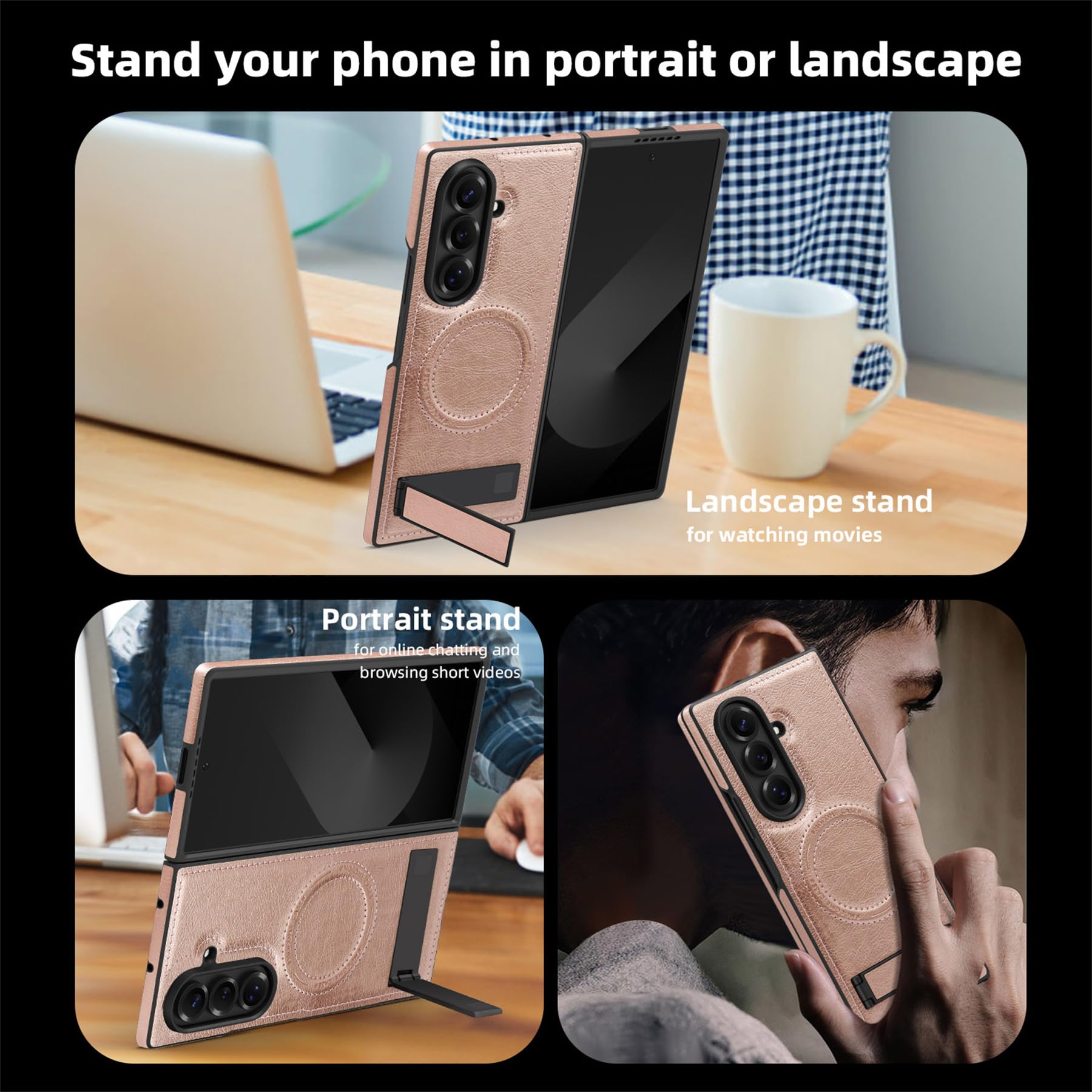 Ephoou For Samsung Galaxy Z Fold7 Compatible With Magsafe, Built-In Kickstand & Strong Magnetic Ring Pu Leather Shockproof Milit