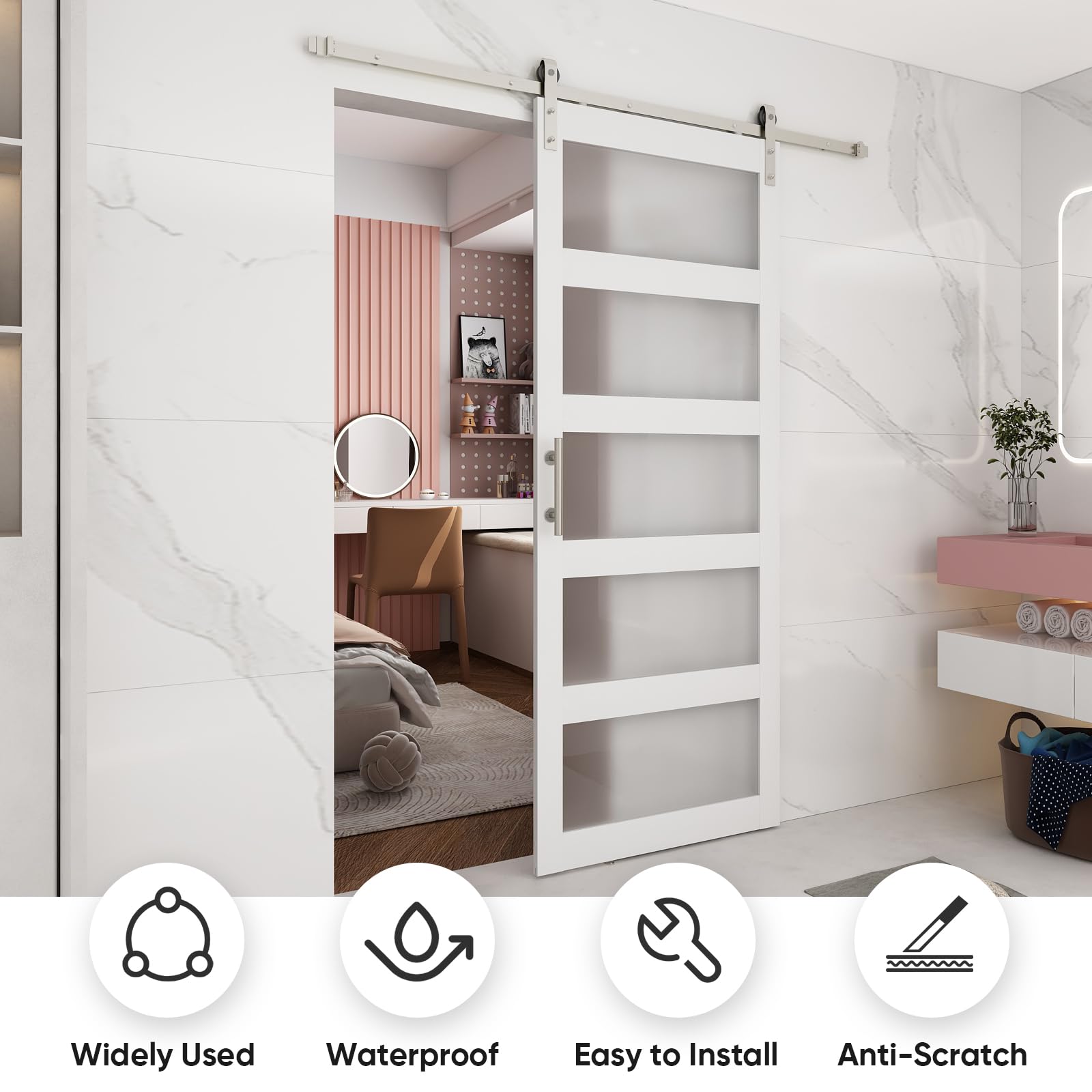 Barnsmith 36In X 96In Glass Barn Door And 6.6Ft Sliding Door Hardware Included, 5 Panel Frosted Glass, Solid Wood Covered With W