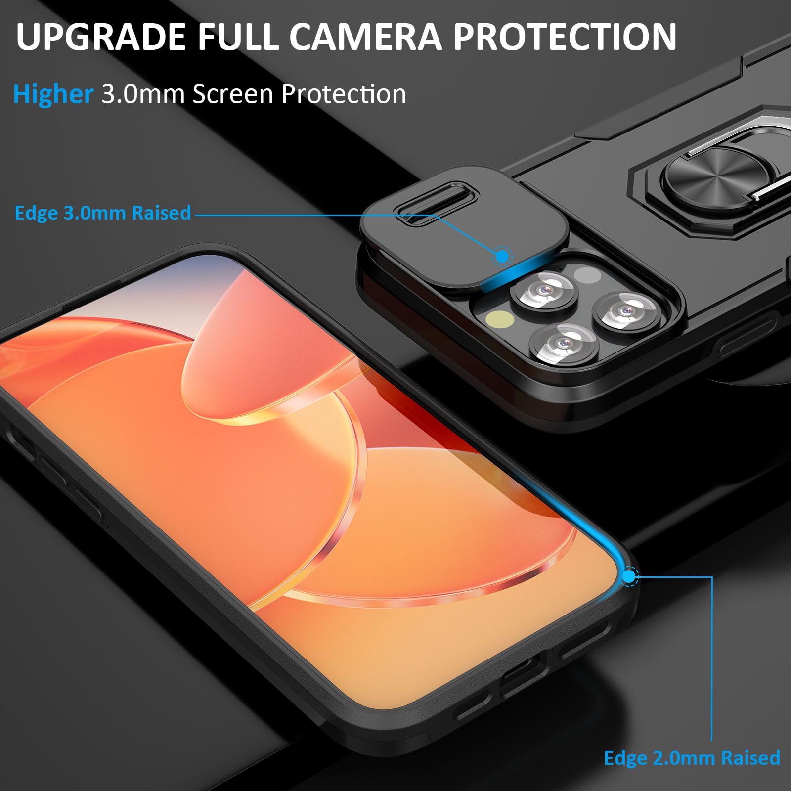 Sefing Case For Iphone 15 Pro Max Phone Case Iphone 15 Pro Max Case With Slide Camera Cover, With Finger Ring Holder Stand, Fit