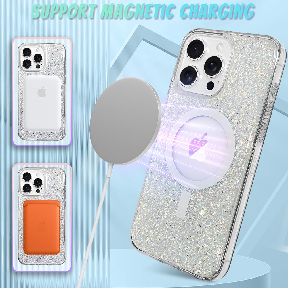 Bonoma For Iphone 13 Pro Case, Sparkly Glitter Bling Back, Magnetic Support For Magsafe Shockproof Case, Crystal And Clear High