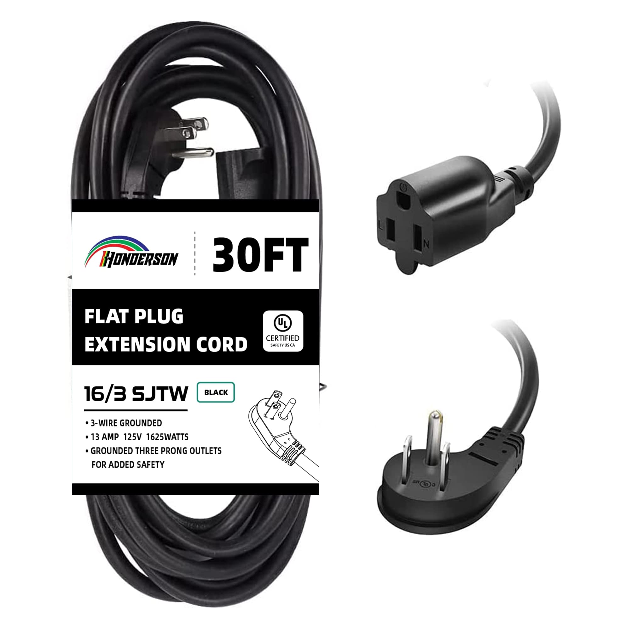 Honderson Flat Plug Indoor Extension Cord, Ul Listed, 16 Gauge 30Ft Black 3 Prong Heavy Duty Extension Cord, 16/3 Sjtw 13A Power