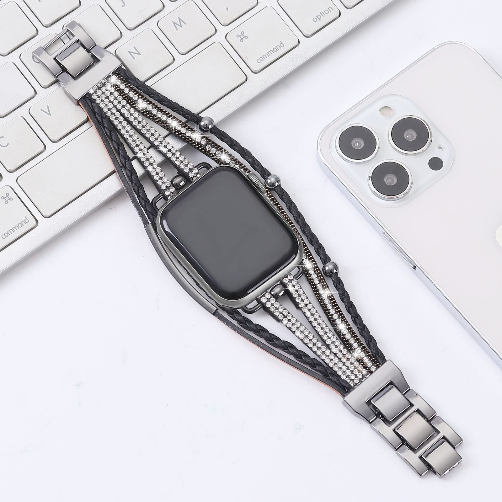 Yoswan Leather Bracelet Compatible With Apple Watch Band 38Mm 40Mm 41Mm Women, Dressy Boho Bling Jewelry Multilayer Wrap Strap F