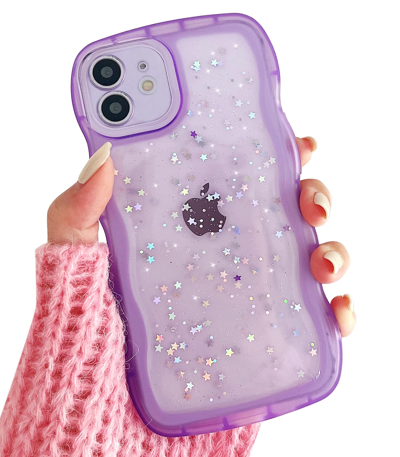 Qokey For Iphone 12 Mini Case 5.4'' Curly Wave Edge Design Transparent Bling Glitter Star Shiny Case Cute Clear Transparent Full