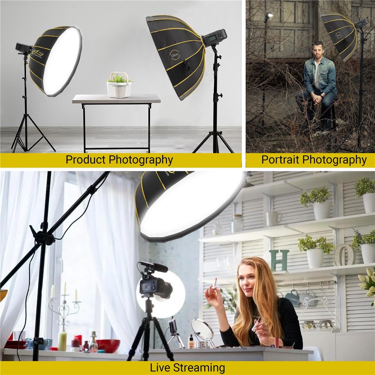 Glow Ez Lock 34 Collapsible Silver Beauty Dish Softbox W/Bowens Mount Speedring And Deflection Disk, 16 Ribbed Design Soft Box W