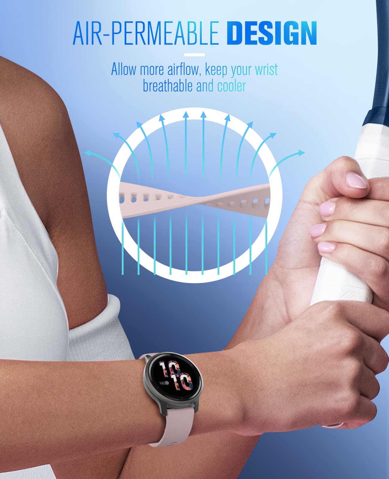 MoKo Watch Band Compatible with Garmin Forerunner 265S/255S/255S Music/Vivoactive 4S/Venu 3S/Venu 2S/Vivomove 3S Smartwatch, 18MM Soft Silicone Adjustable Replacement Strap, Rose Pink