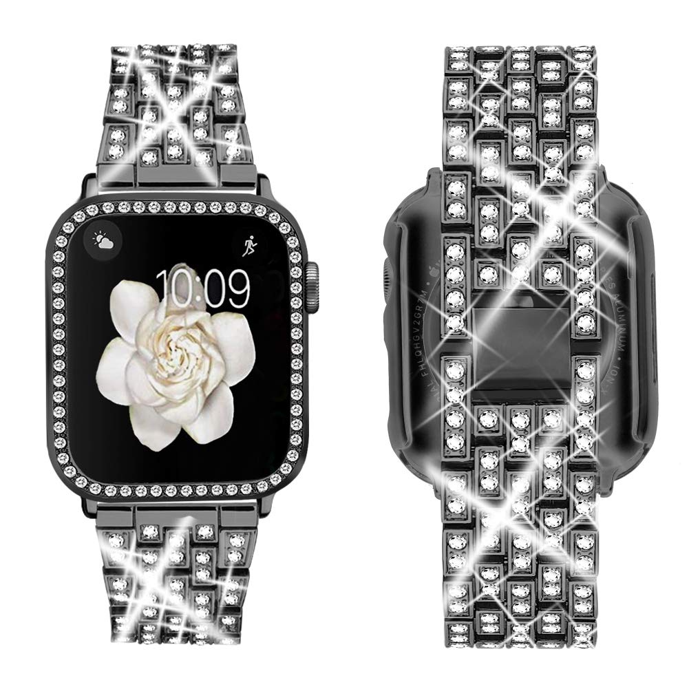 Supoix Compatible With Apple Watch Band 45Mm + Case, Women Jewelry Bling Diamond Replacement Metal Strap & Soft Tpu Bumper Prote