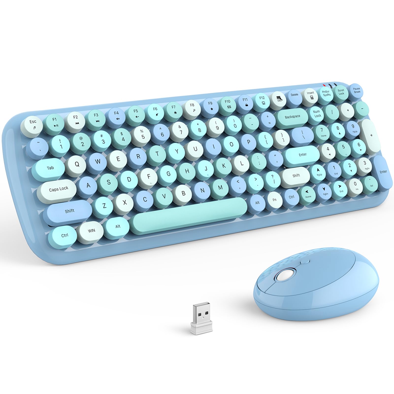 Knowsqt Wireless Keyboard And Mouse Combo, Light Blue 100 Keys 2.4 Ghz Round Keycap Typewriter Keyboards, Usb Receiver Plug And 