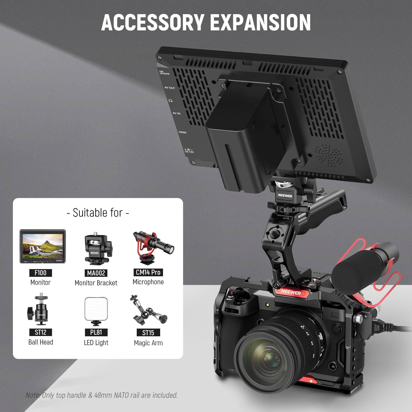 Neewer Top Handle And Nato Rail Kit, Comfort Silicone Grip With Quick Release Nato Clamp, 3 Cold Shoes And 1/4'' 3/8'' Arri Thre