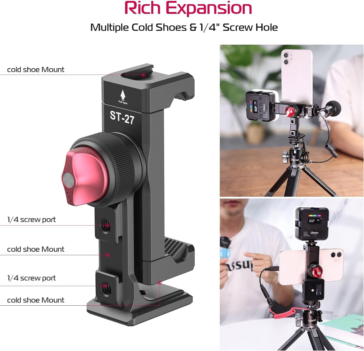 Ulanzi St-27 Phone Tripod Mount, 360 Metal Phone Holder For Tripod W 3 Cold Shoes & Arca Port, Versatile Smartphone Adapter For