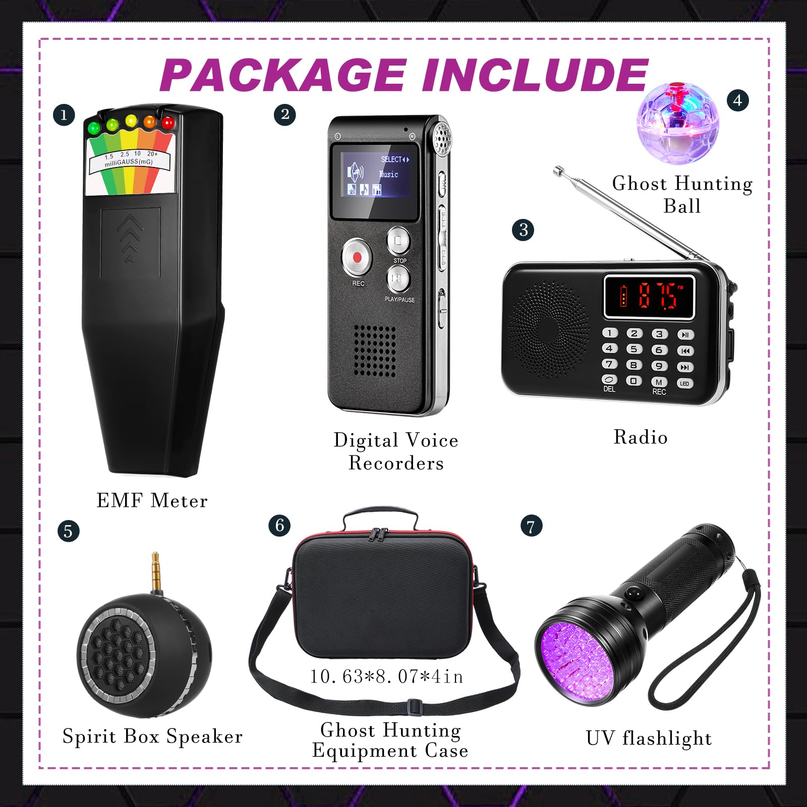 Dunzy 8 Pcs Ghost Hunting Equipment Kit, Include 1 Emf Meter 1 Spirit Ghost Hunting Research Box 1 Voice Recorders 1 Flashlight