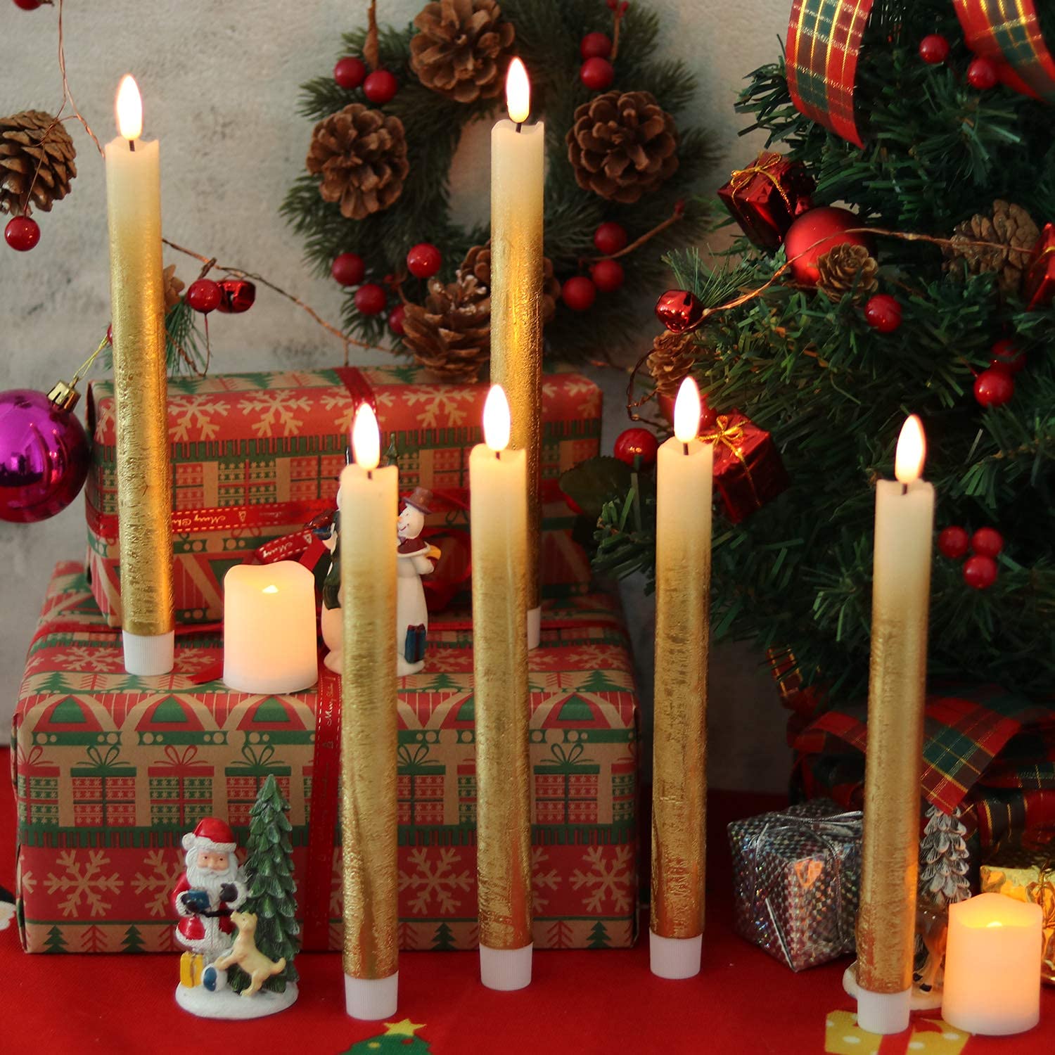 Wondise Flickering Flameless Taper Candles With Remote And Timer, Battery Operated Real Wax 3D Flame Gold Candles For Wedding Ho