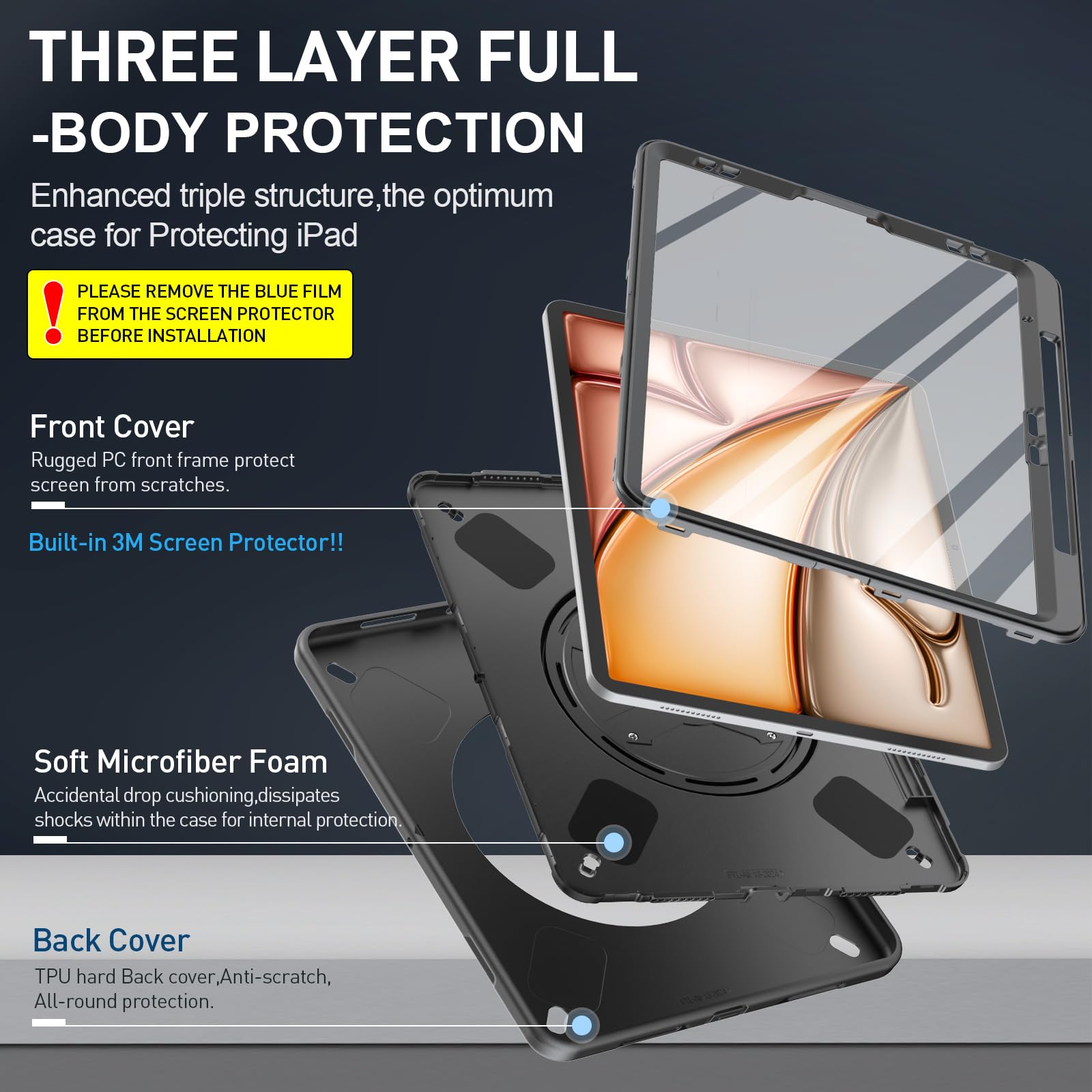 Supfives Case For Ipad Air 13 Inch 2024,With Screen Protector+Hand Strap+Shoulder Strap+Rotating Kickstand+Pencil Holder,Black