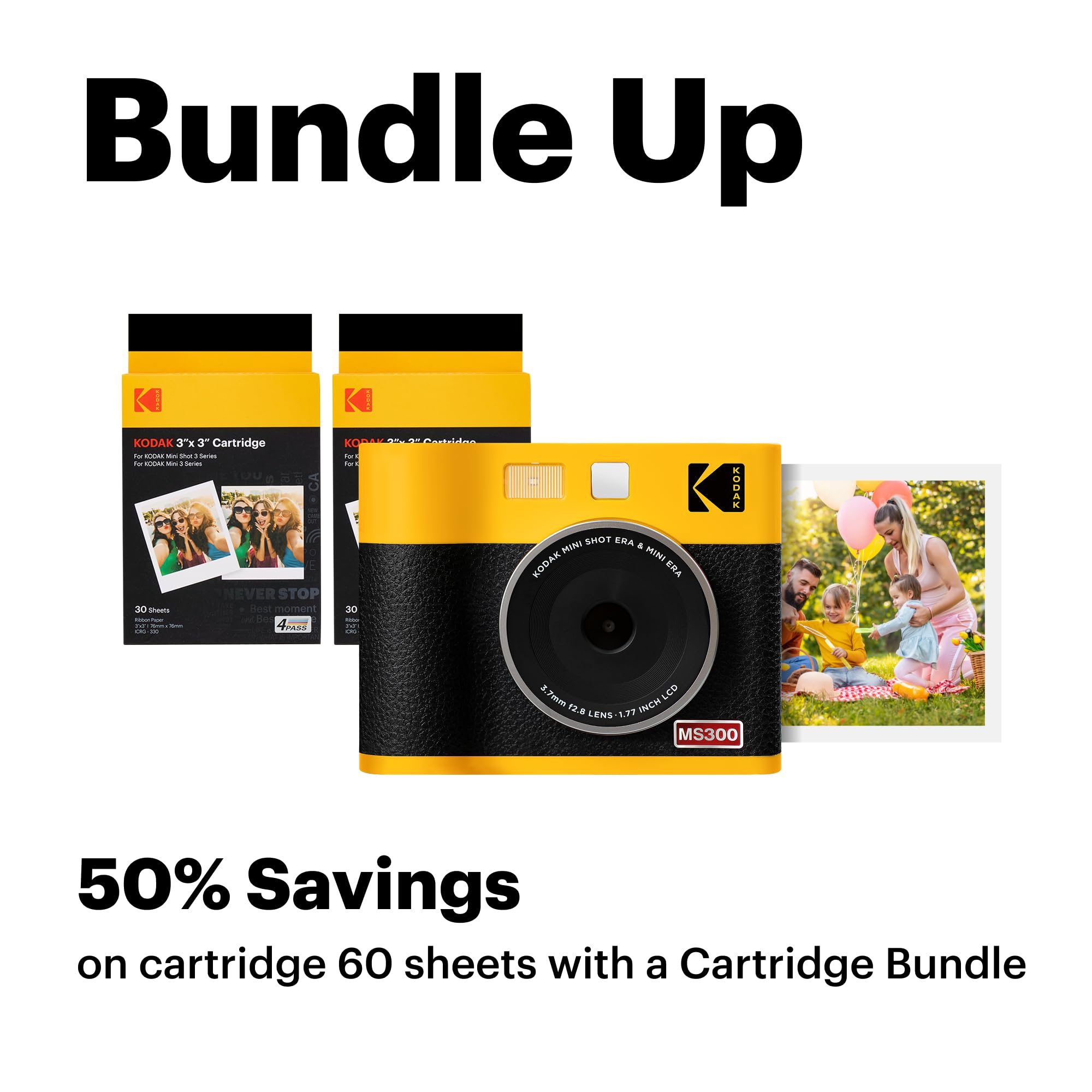 Kodak Mini Shot 3 Era 4Pass 2-In-1 Instant Camera And Photo Printer (Yellow, Camera + 8 Sheets)