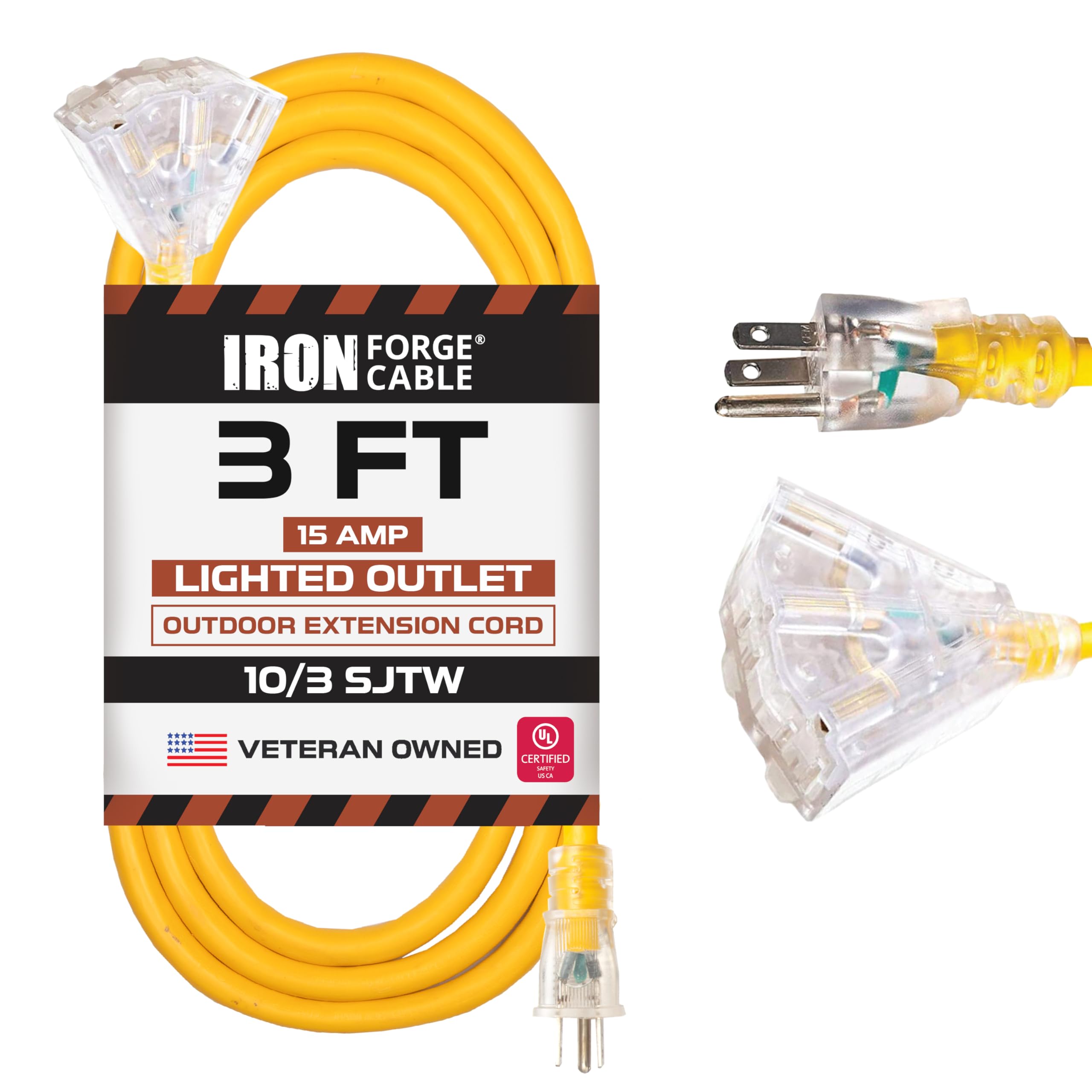 Iron Forge Cable 10 Gauge Extension Cord 100 Ft 3 Outlet Pigtail, 10/3 Heavy Duty Extension Cord With Multiple Outlets 3 Prong,