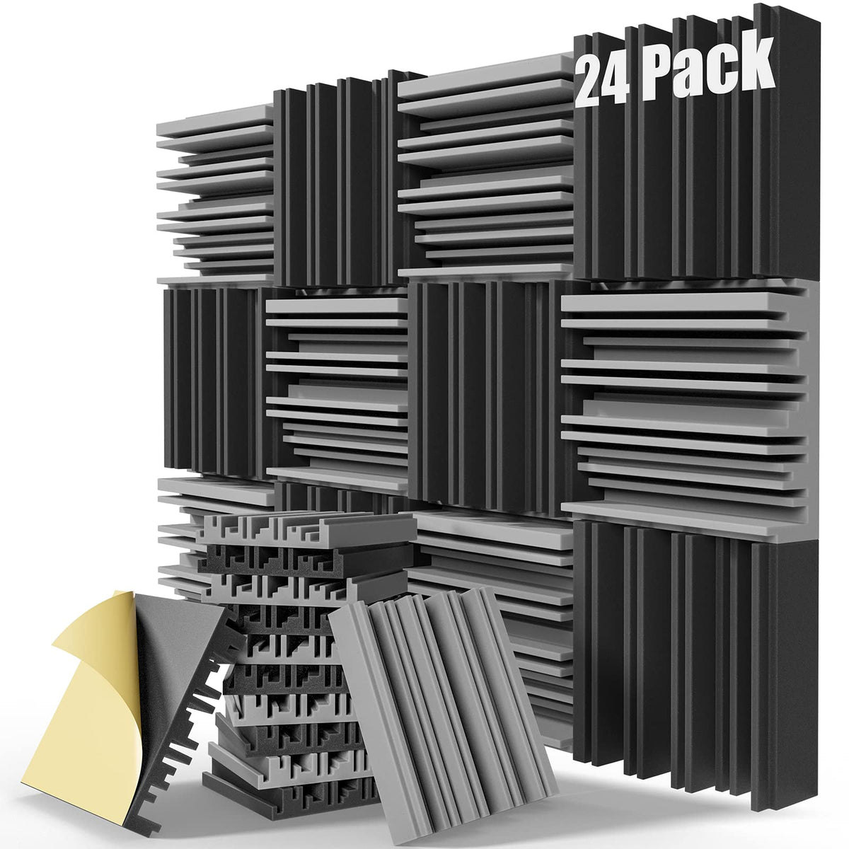 Zelmine Upgrade 24 Pack Self Adhesive Sound Proof Foam Panels,12'' X 12'' X 2'' Acoustic Panels With High Density,Decorative Sou