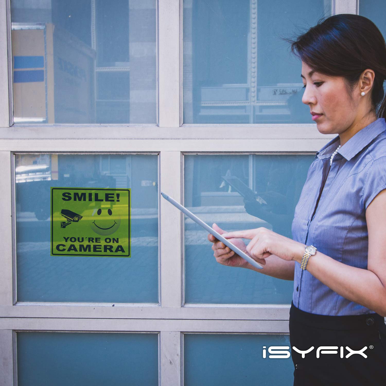 Isyfix Smile You'Re On Camera Stickers For Home   4 Pack 7X6 Inch   Decals For Inside The Window Or Glass, Uv, Weather, Scratch,