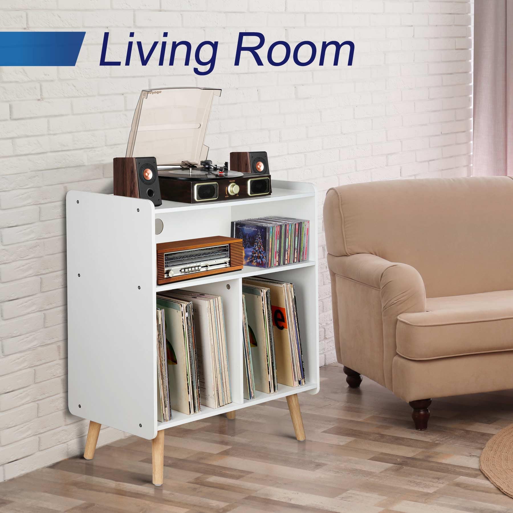 Possile Mid Century Wood Record Player Stand, Large Vintage Turntable Stand For Living Room, Office, 3 Tier Vinyl Record Storage