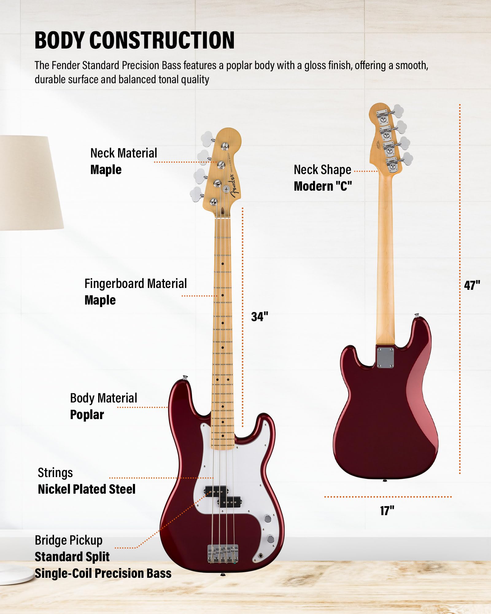 Fender Standard Precision Bass - Candy Cola Bundle With Strap, Guitar Cleaning Kit, And Austin Bazaar Instructional Video