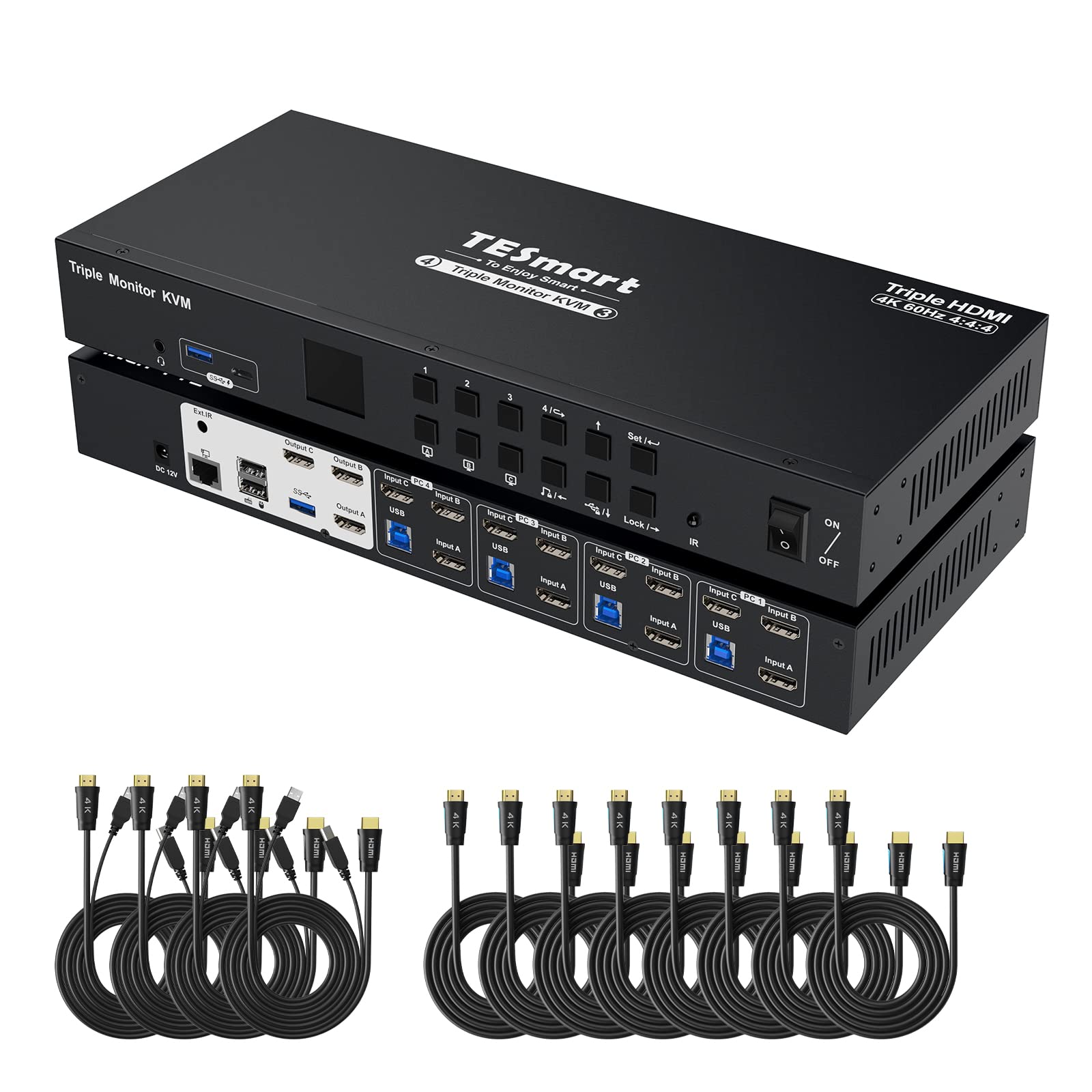 Tesmart Usb 3.0 Hdmi Kvm Switch 3 Monitors 4 Computers 4K@60Hz, Headset, Audio&Microphone, Edid Emulators, Hotkey Switch, Wired