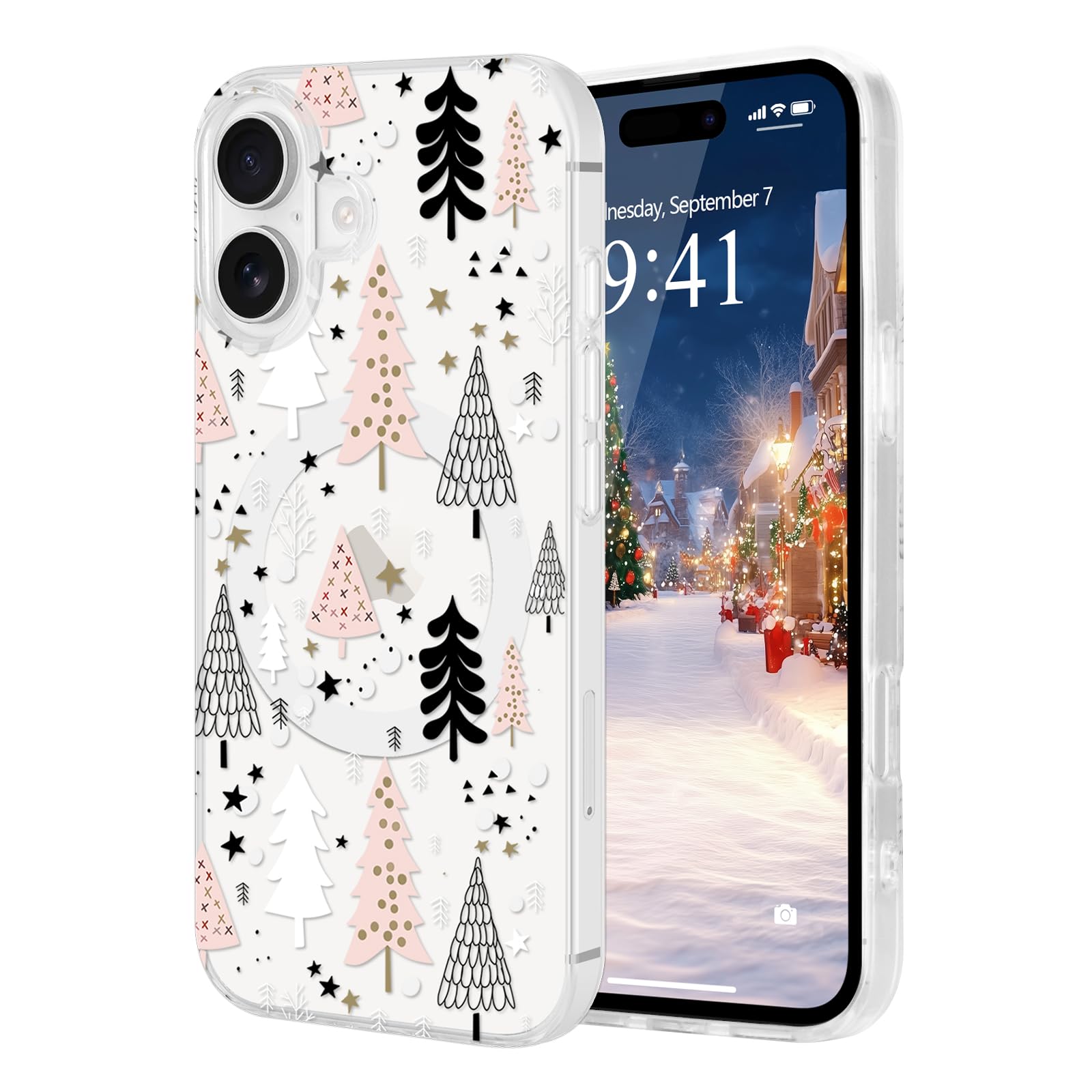 Pepmune for iPhone 16 Case, Cute Merry Christmas Clear Phone Cover for Kids Women Men Xmas Tree Pattern Compatible with MagSafe 