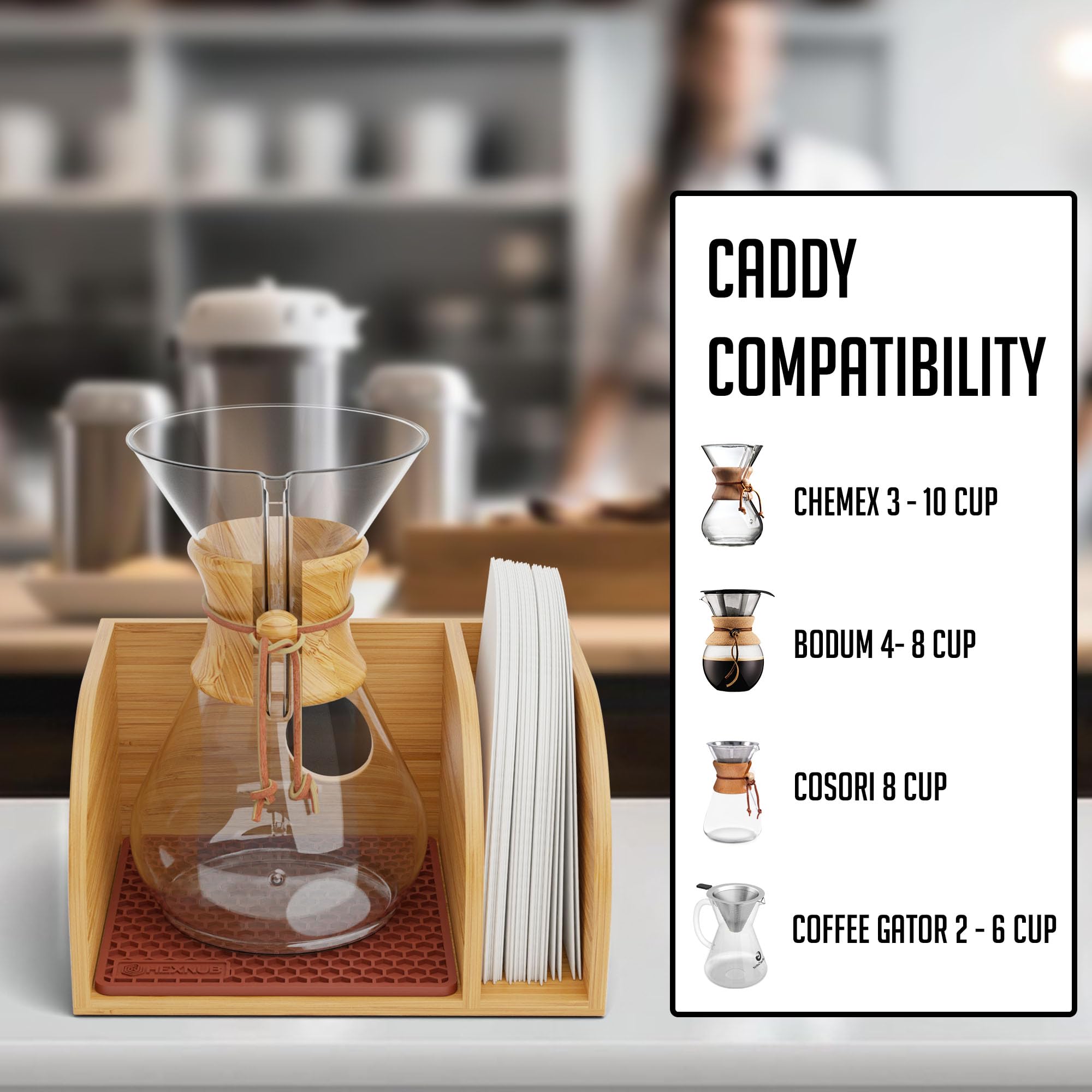 Hexnub   Caddy For Pour Over Coffee Maker, Bamboo Stand Fits Chemex, Bodum, Cosori Coffee Carafes, Heatproof Mat, Filter Holder