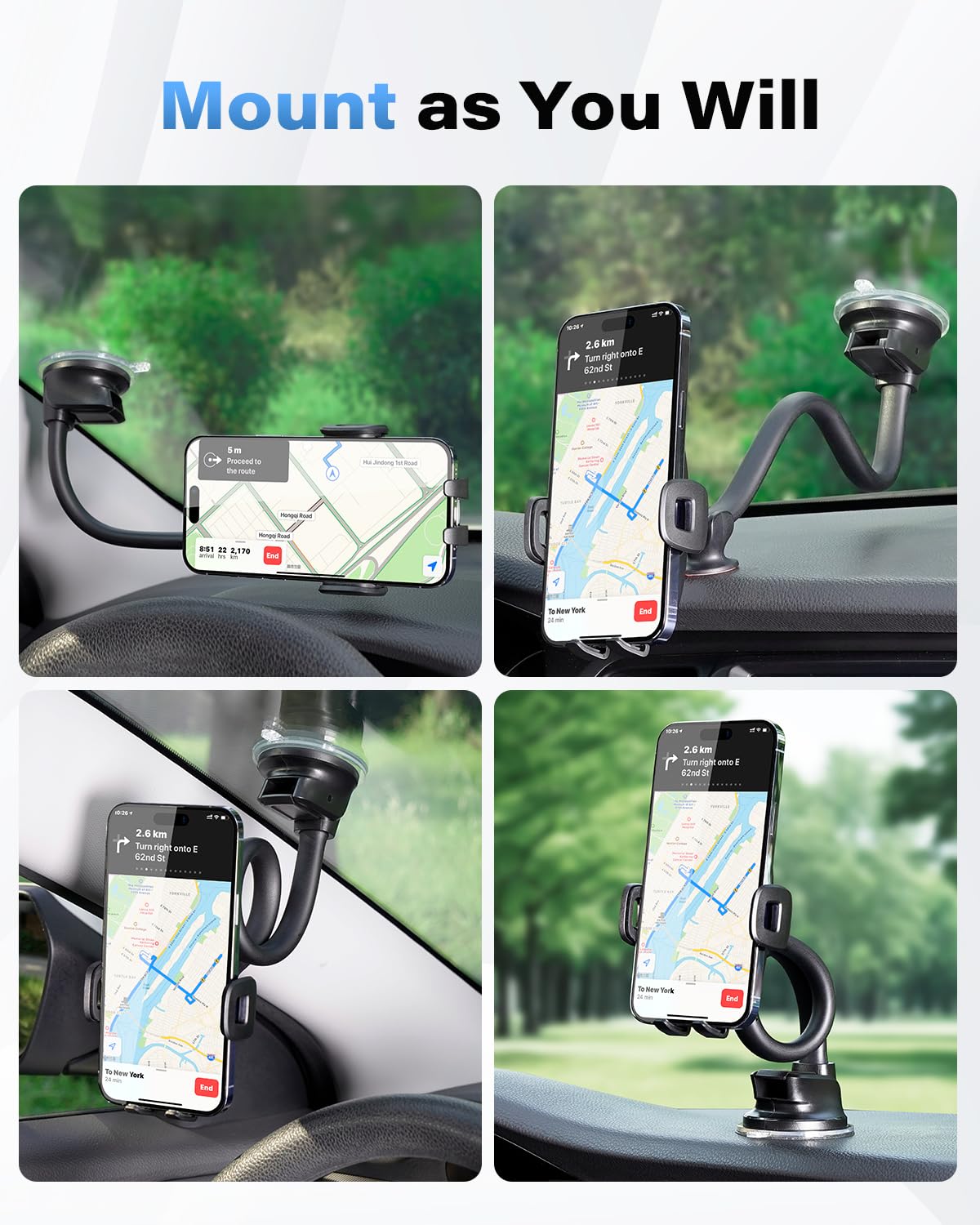 1Zero Solid Car Truck Phone Mount Holder With 14-Inch Gooseneck Long Arm, Windshield Window Mobile Holders W/Industrial-Strength