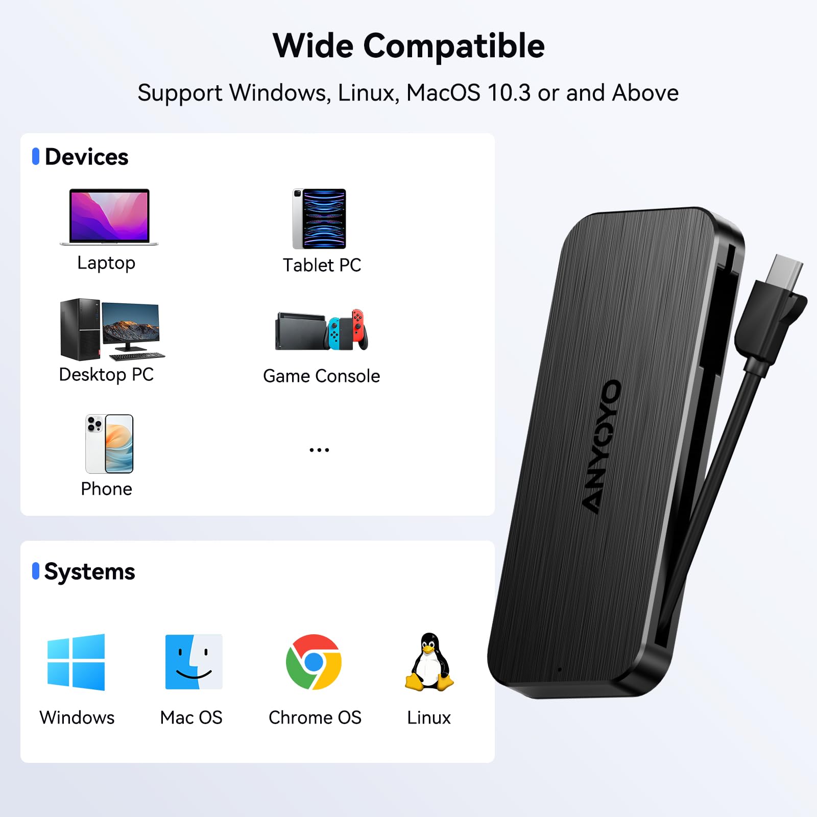 Anyoyo Nvme Enclosure With Built In Type C Cable, 10Gbps Ssd Enclosure, Usb 3.2 Gen 2 M.2 Enclosure For M.2 Pcie Nvme And Sata S