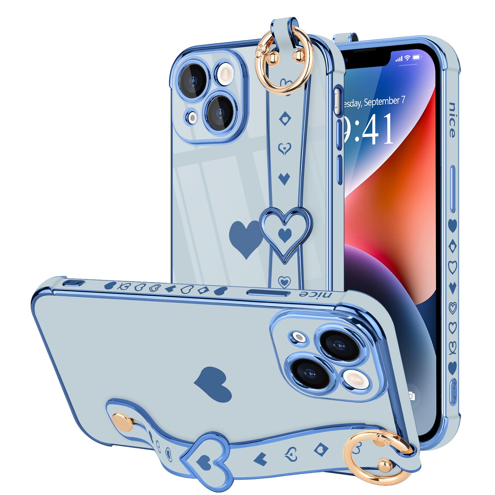 Llz.Coque For Iphone 14 Plus Case Cute Love Heart Plating Strap Phone Cover For Women Girls Bling Soft Silicone Camera Lens Prot