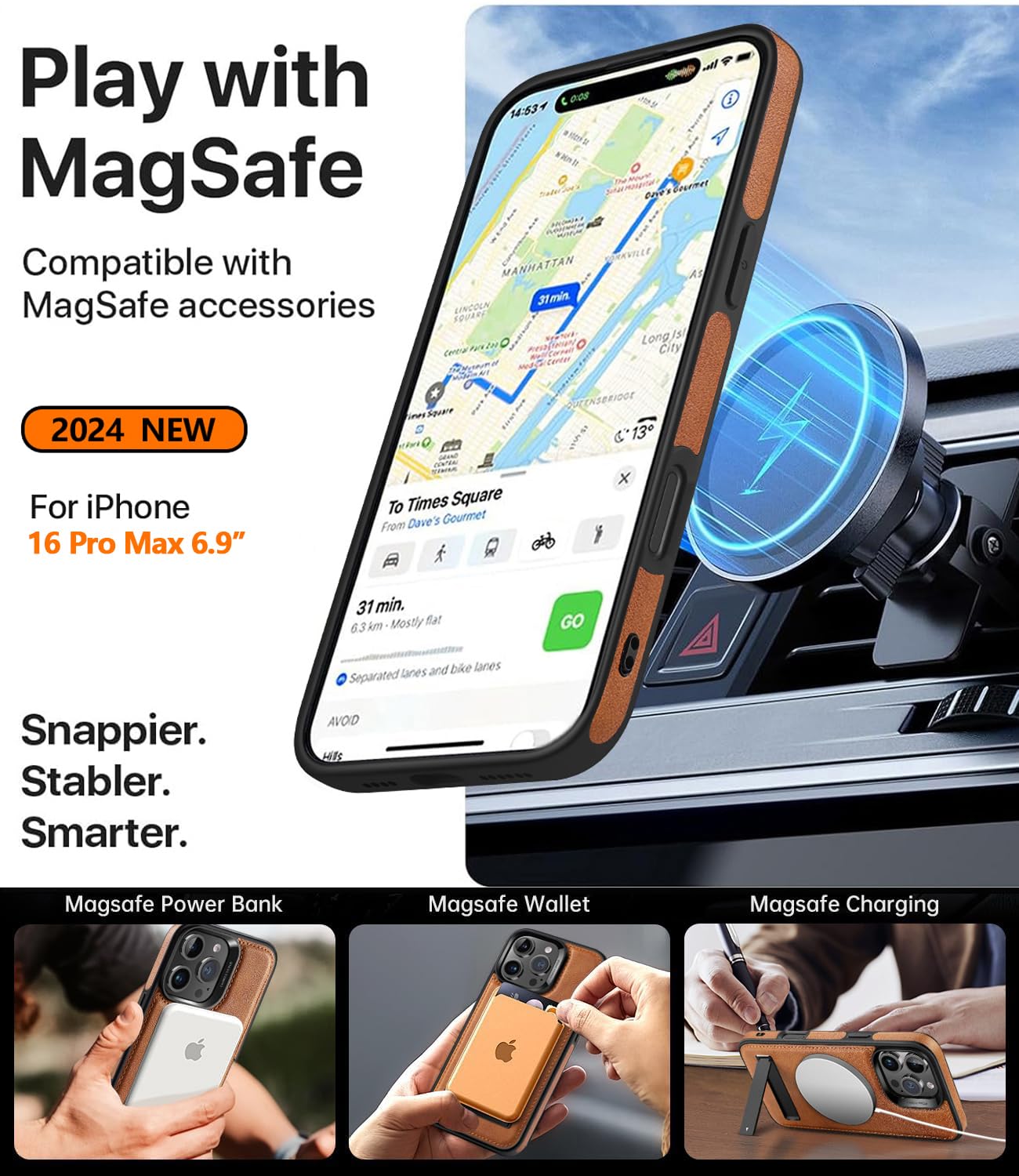 Wtcase Strong Magnetic For Iphone 16 Pro Max Case Leather,[Compatible With Magsafe], Slim Adjustable Kickstand Phone Case For Ip
