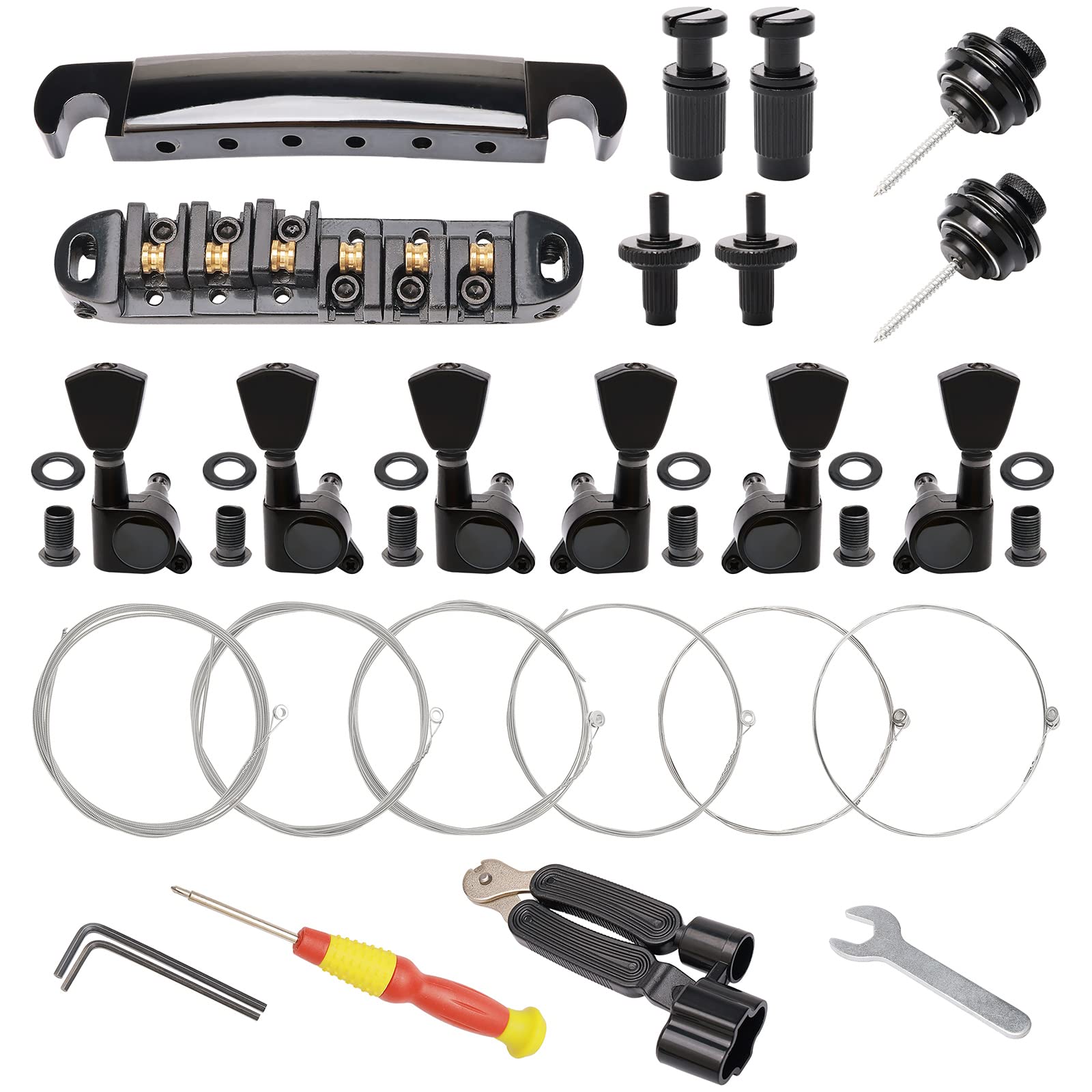 Unxuey Guitar Roller Saddle Tune O Matic Guitar Bridge And Tailpiece For Lp Electric Guitar, With 3L3R String Tuning Pegs, 6Pcs