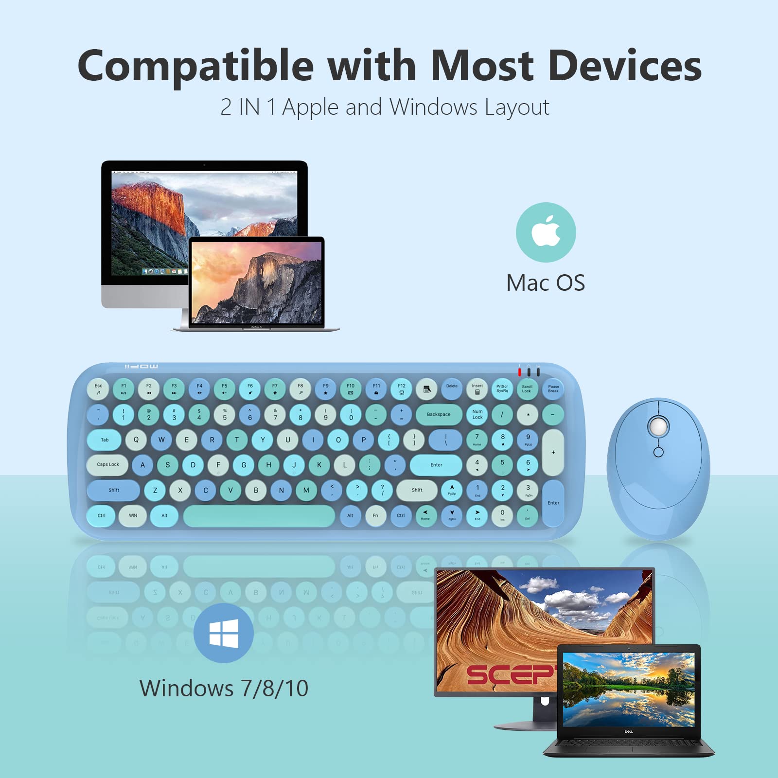 Knowsqt Wireless Keyboard And Mouse Combo, Light Blue 100 Keys 2.4 Ghz Round Keycap Typewriter Keyboards, Usb Receiver Plug And